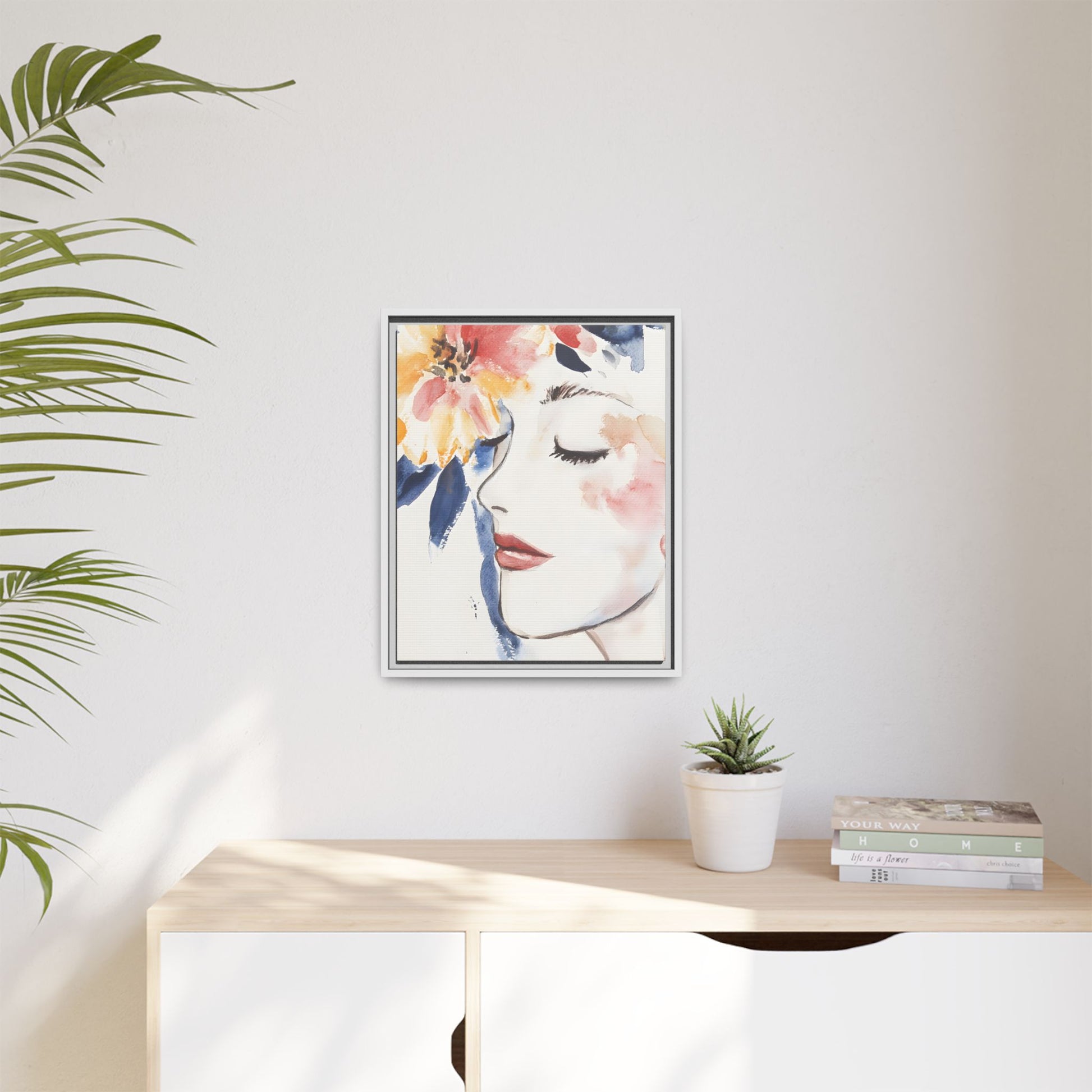 Multi-Color Framed Matte Canvas Art - Floral Face Portrait on wall in home decor setting