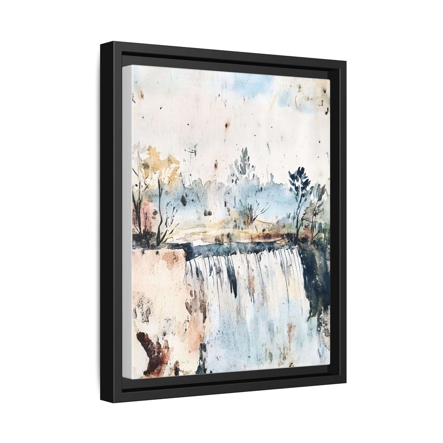 Framed watercolor wall art depicting a serene landscape with trees and waterfall, perfect for home decor; available in multiple sizes.