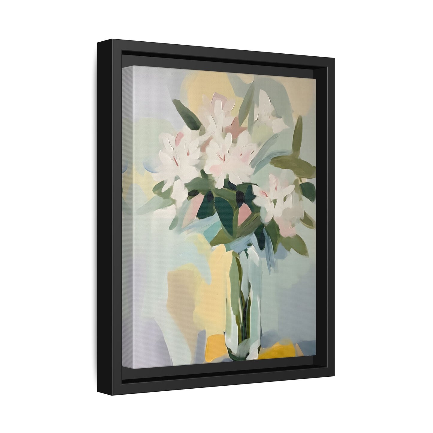 Soft Abstract Floral Wall Art – Framed Modern Canvas with White Flowers in Green Vase; elegant and airy room decor