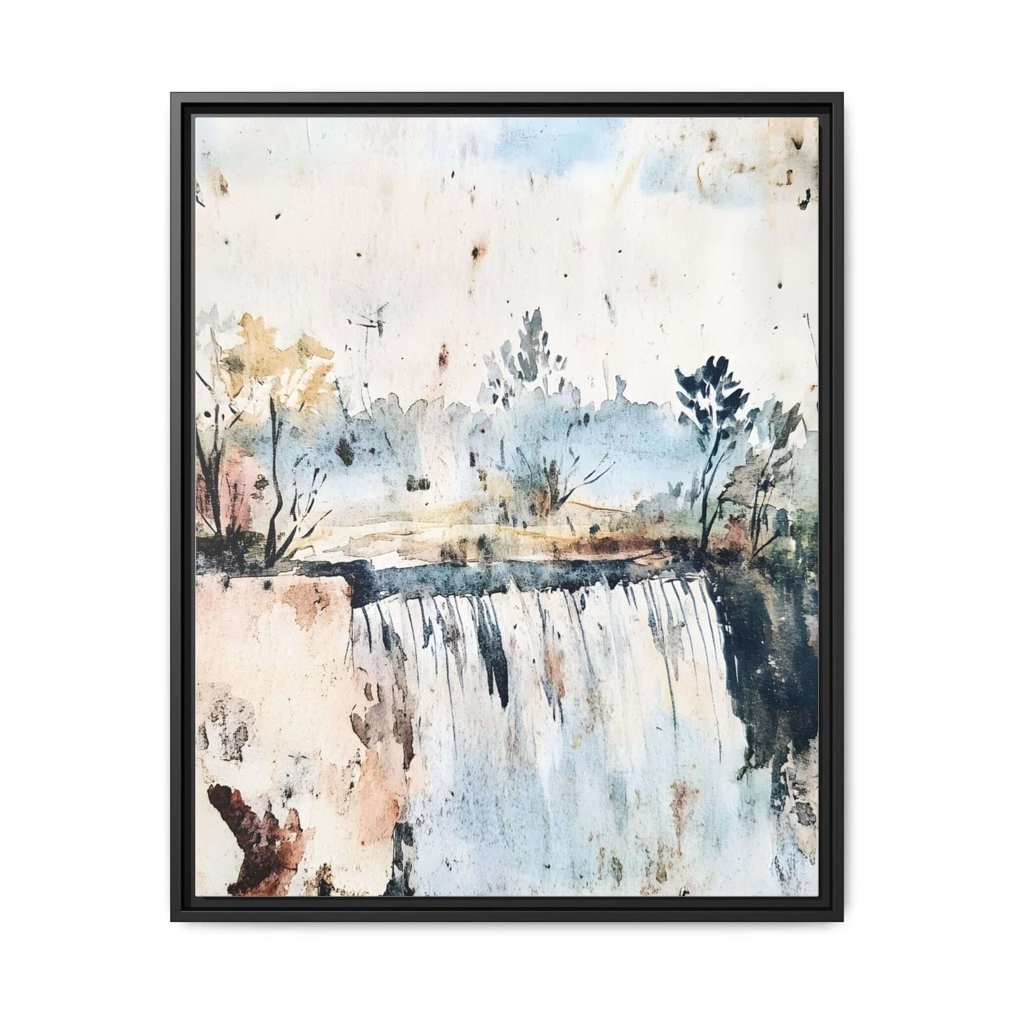 Framed watercolor wall art depicting a serene landscape with trees and a waterfall, enhancing decor with artistic elegance.