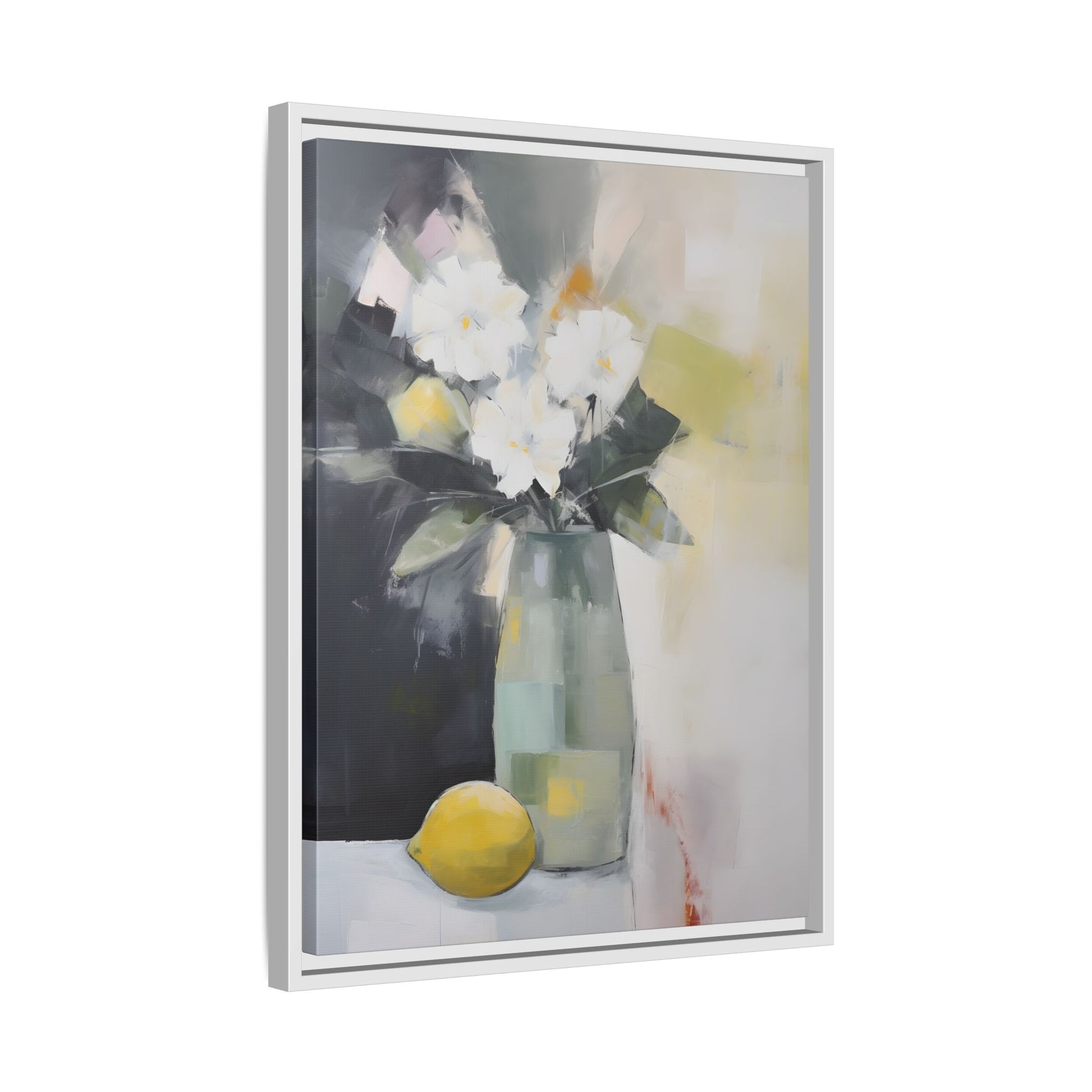 Modern Floral Still Life Wall Art – Framed Canvas with White Flowers and Lemon in Soft Green Vase, featuring calming muted colors.