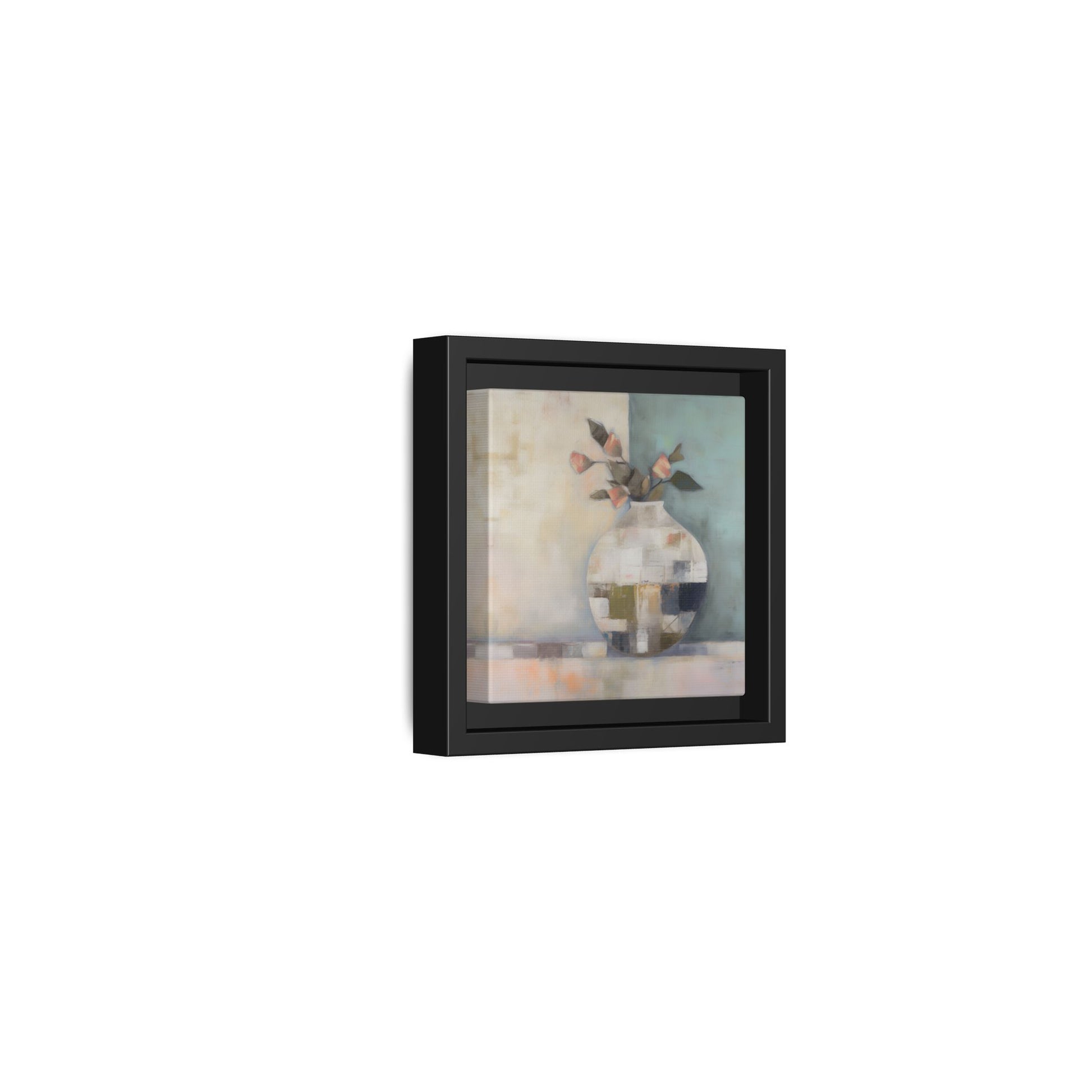 Geometric Floral Still Life Wall Art – Framed Abstract Canvas with Vase and Blush Pink Buds in minimalist design