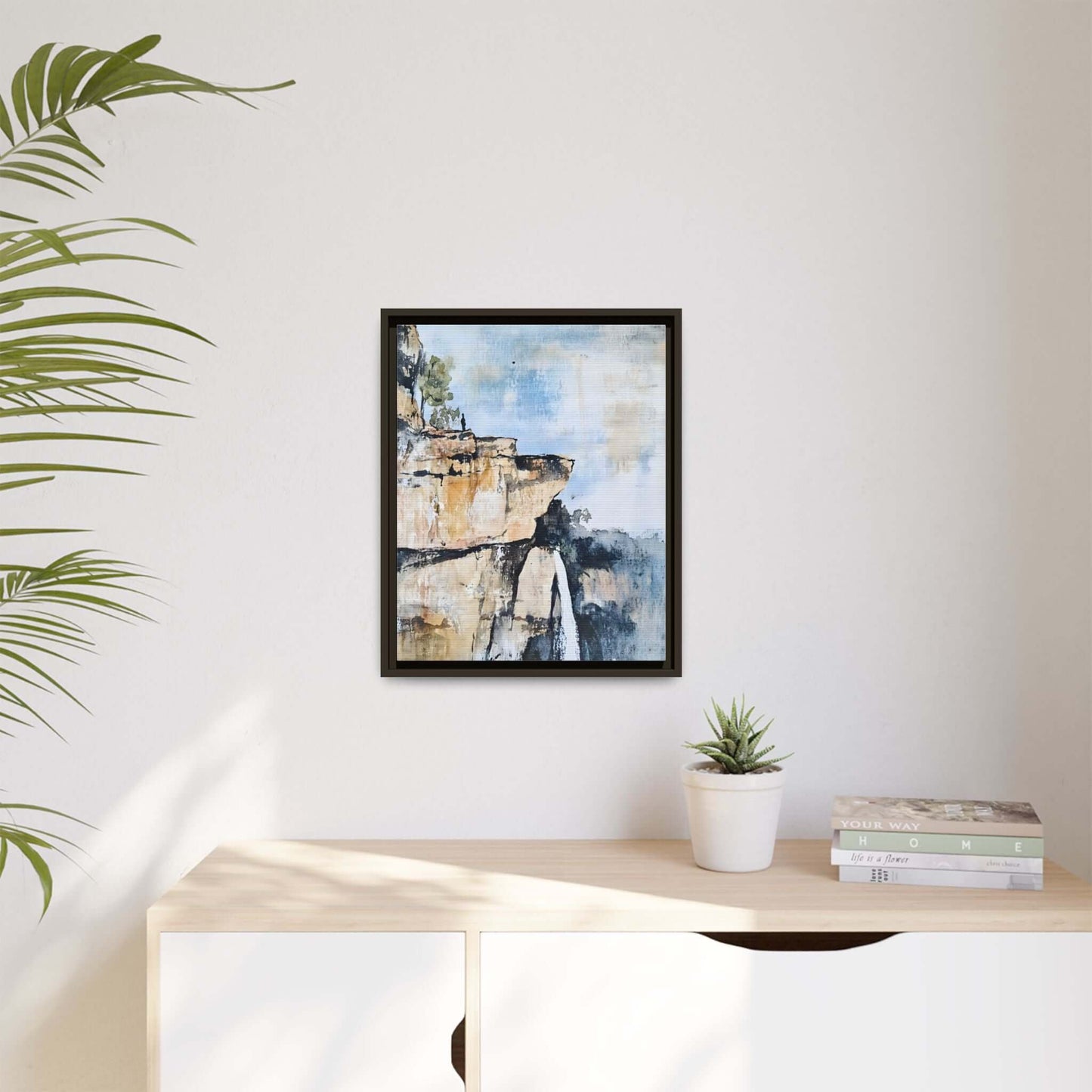 Impressionistic scenic landscape waterfall canvas art, framed, displayed on modern wall, adding serene, calming ambiance to room.