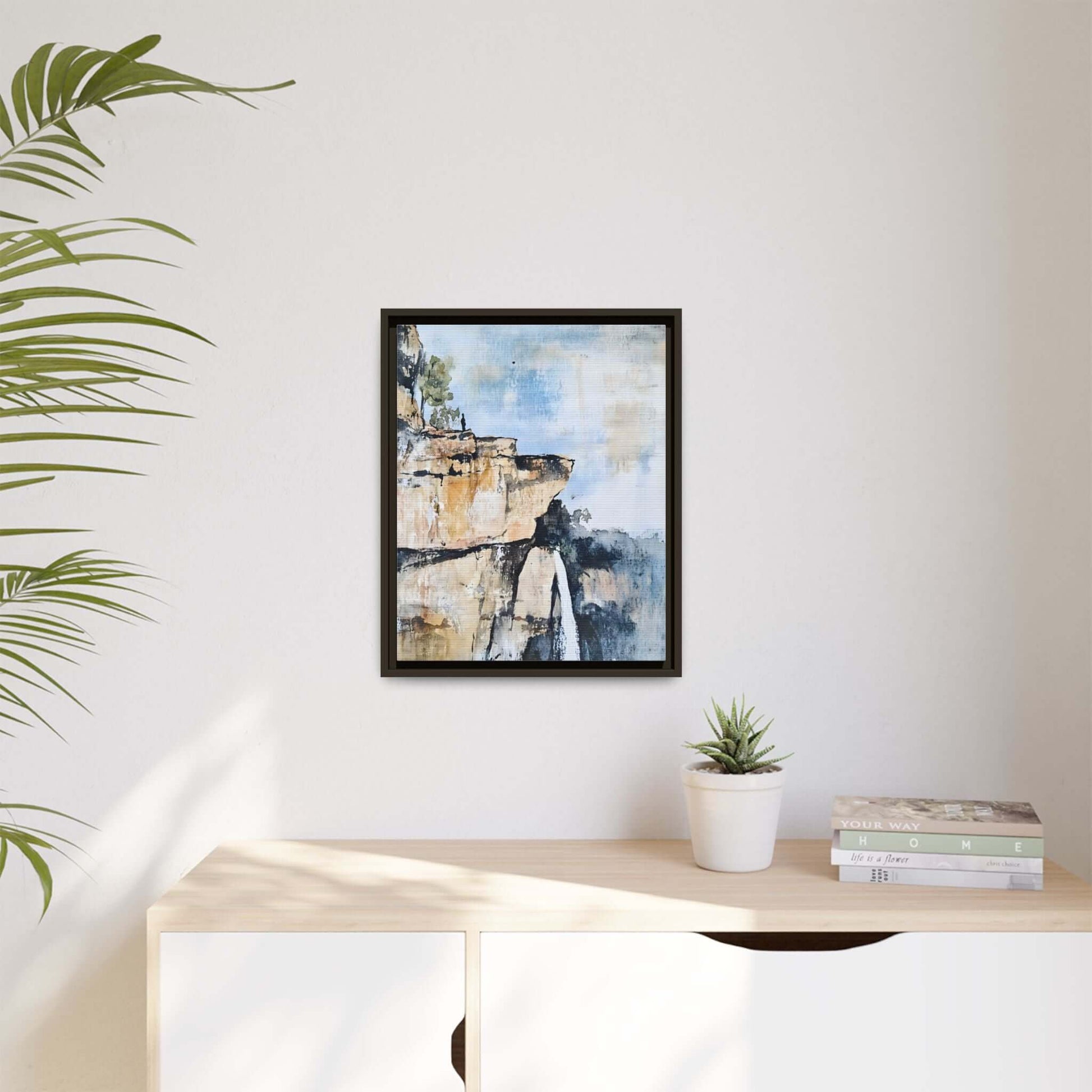 Impressionistic scenic landscape waterfall canvas art, framed, displayed on modern wall, adding serene, calming ambiance to room.