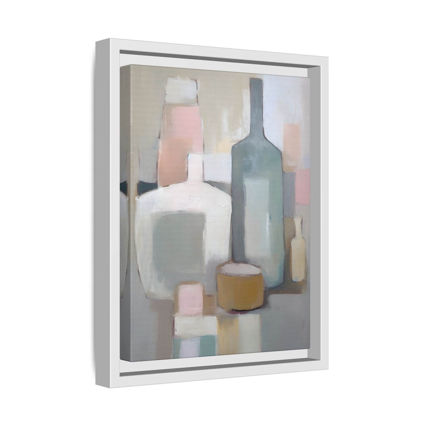 Modern Abstract Bottle Still Life Wall Art – Framed Canvas in Soft Pink, Blue, and Beige