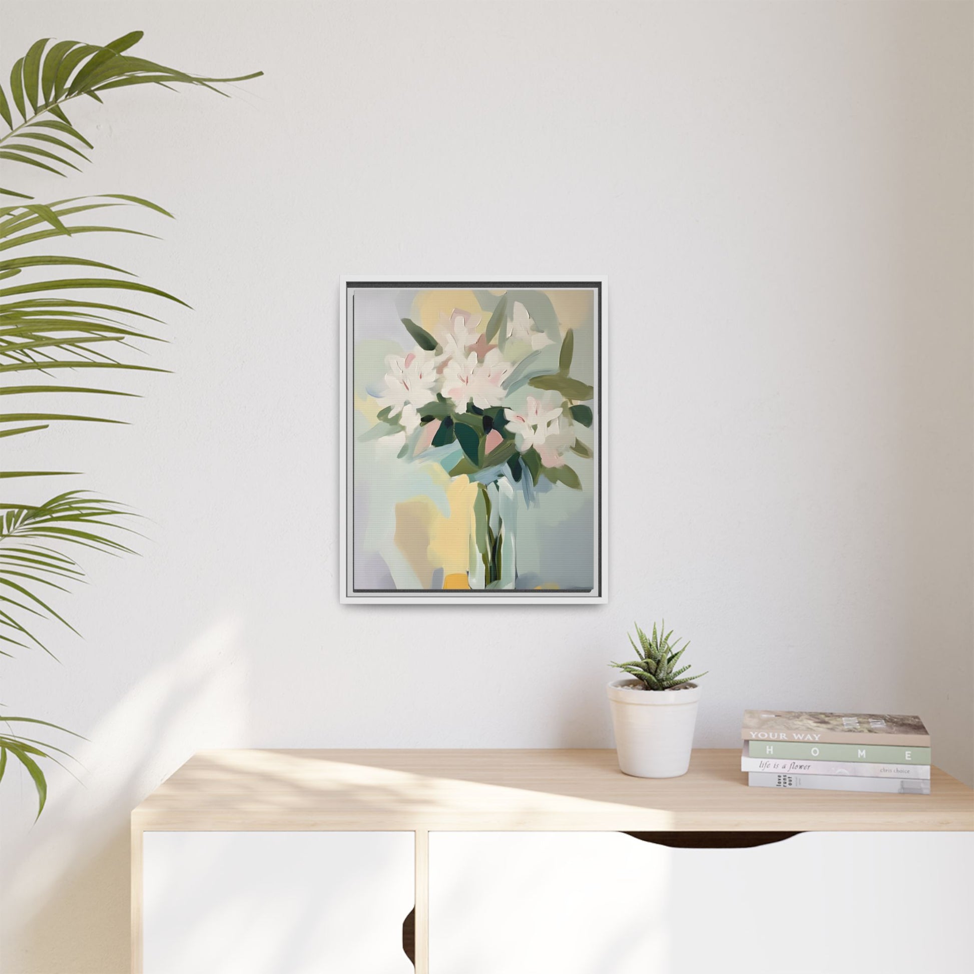 Soft Abstract Floral Wall Art – Framed Modern Canvas with White Flowers in Green Vase on a wall.