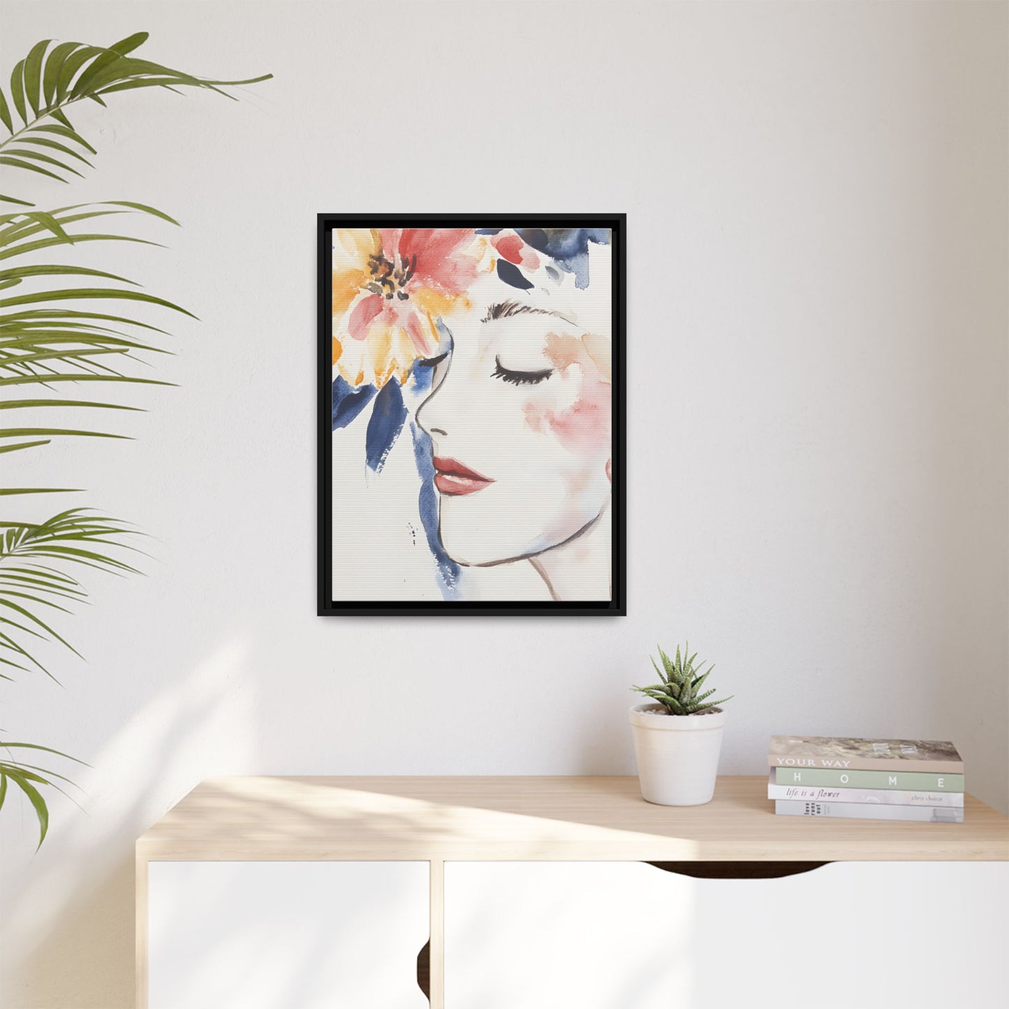 Multi-Color Framed Matte Canvas Art - Floral Face Portrait in living room setting