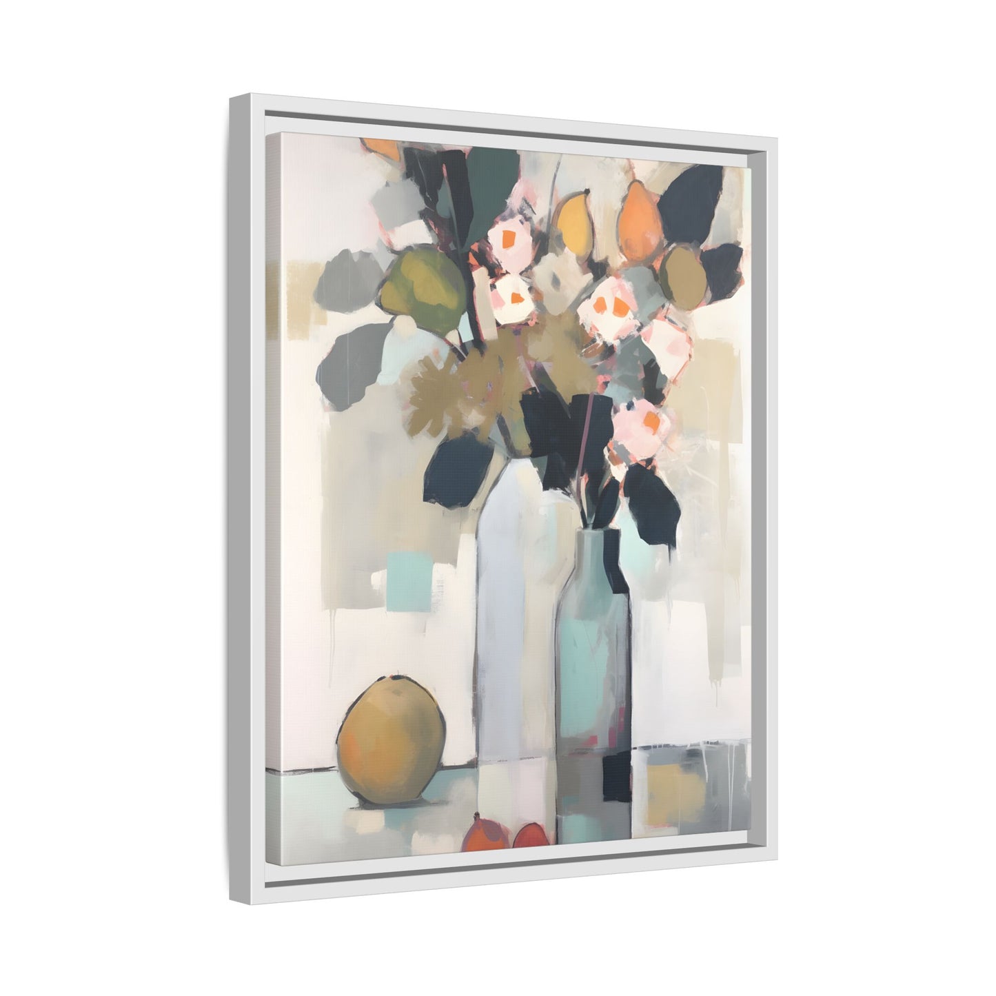 Modern Floral Still Life Wall Art – Framed Canvas with Bold Leaves and Citrus in Vase, featuring abstract vases and painterly textures