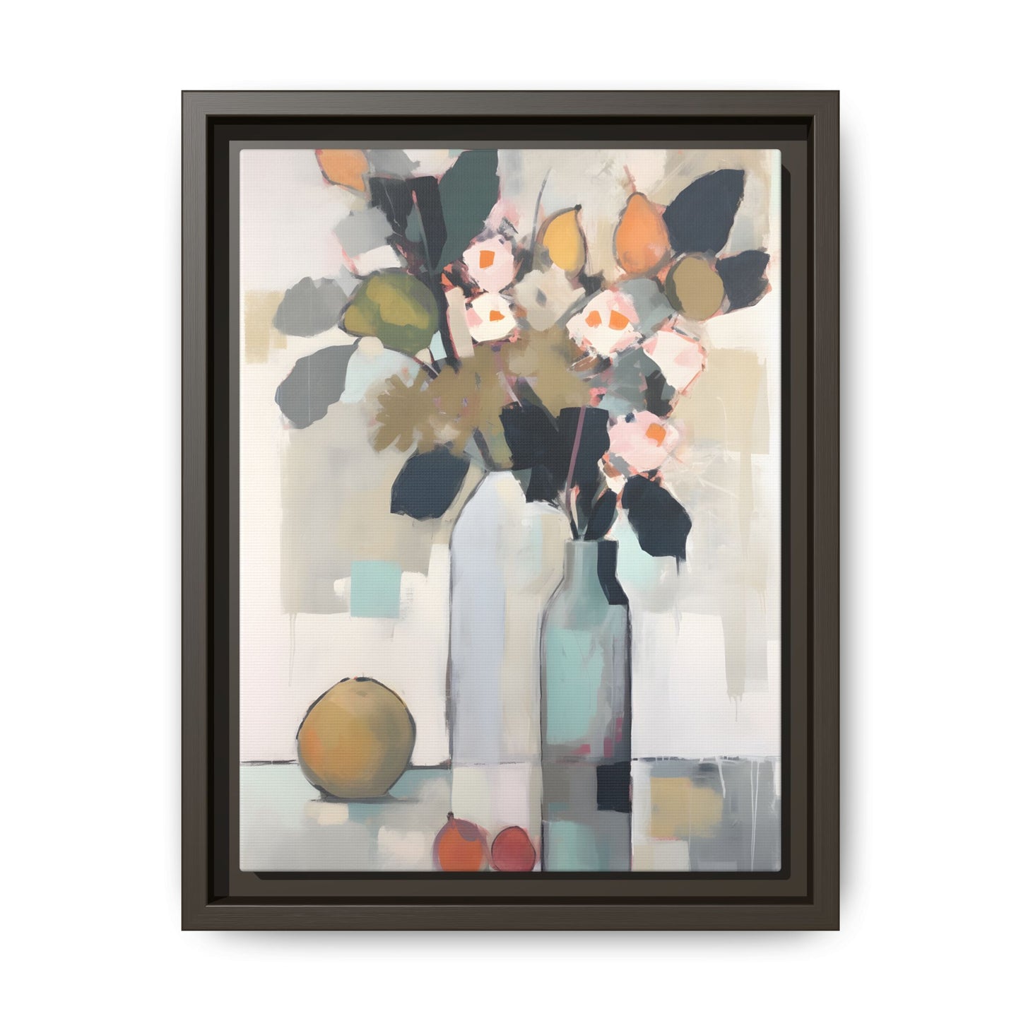 Modern Floral Still Life Wall Art – Framed Canvas with Bold Leaves and Citrus in Vase with abstract design in warm hues.