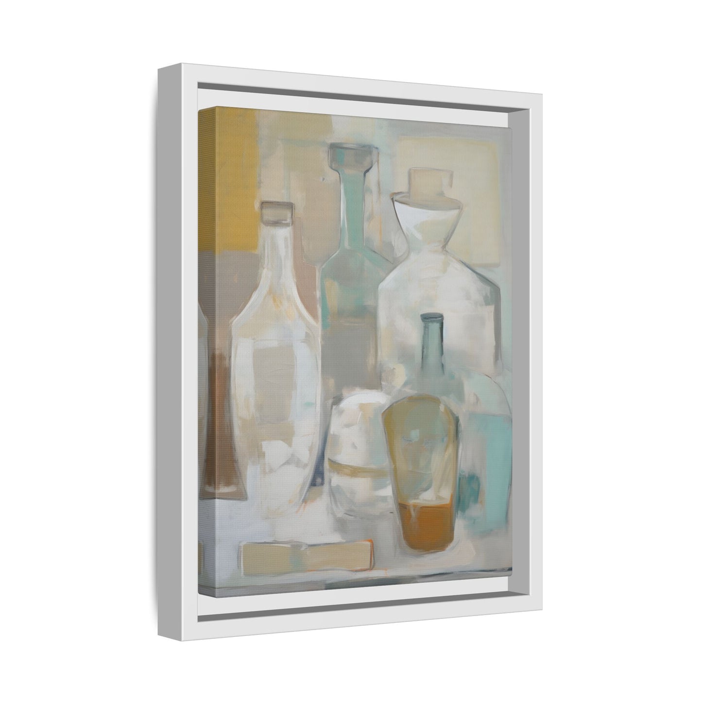 Modern Still Life Wall Art – Neutral Bottles Framed Canvas in Beige, Aqua & Amber featuring translucent bottles in soft hues