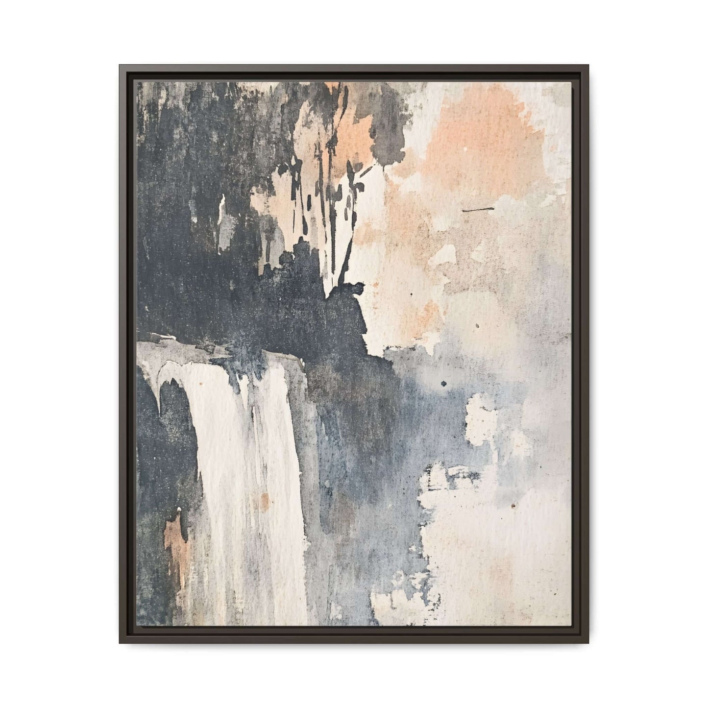 Framed watercolor-style waterfall art print on matte canvas, featuring abstract brushstrokes, perfect for home decor, available in various sizes.