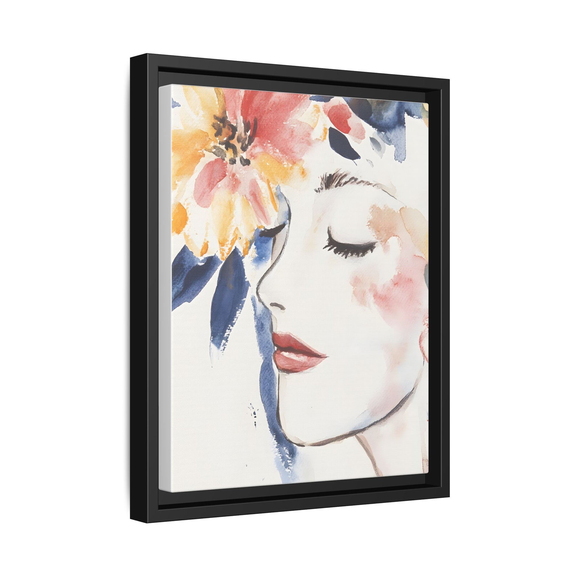 Multi-Color Framed Matte Canvas Art - Floral Face Portrait with vivid flowers and elegant design, vertical orientation.