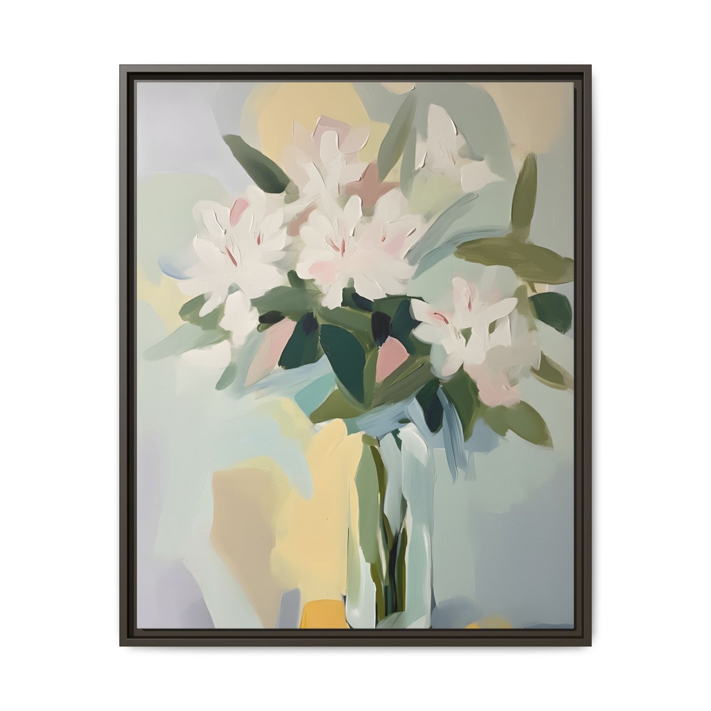 Soft Abstract Floral Wall Art – Framed Modern Canvas with White Flowers in Green Vase featuring delicate hues of yellow, blue, and lavender.