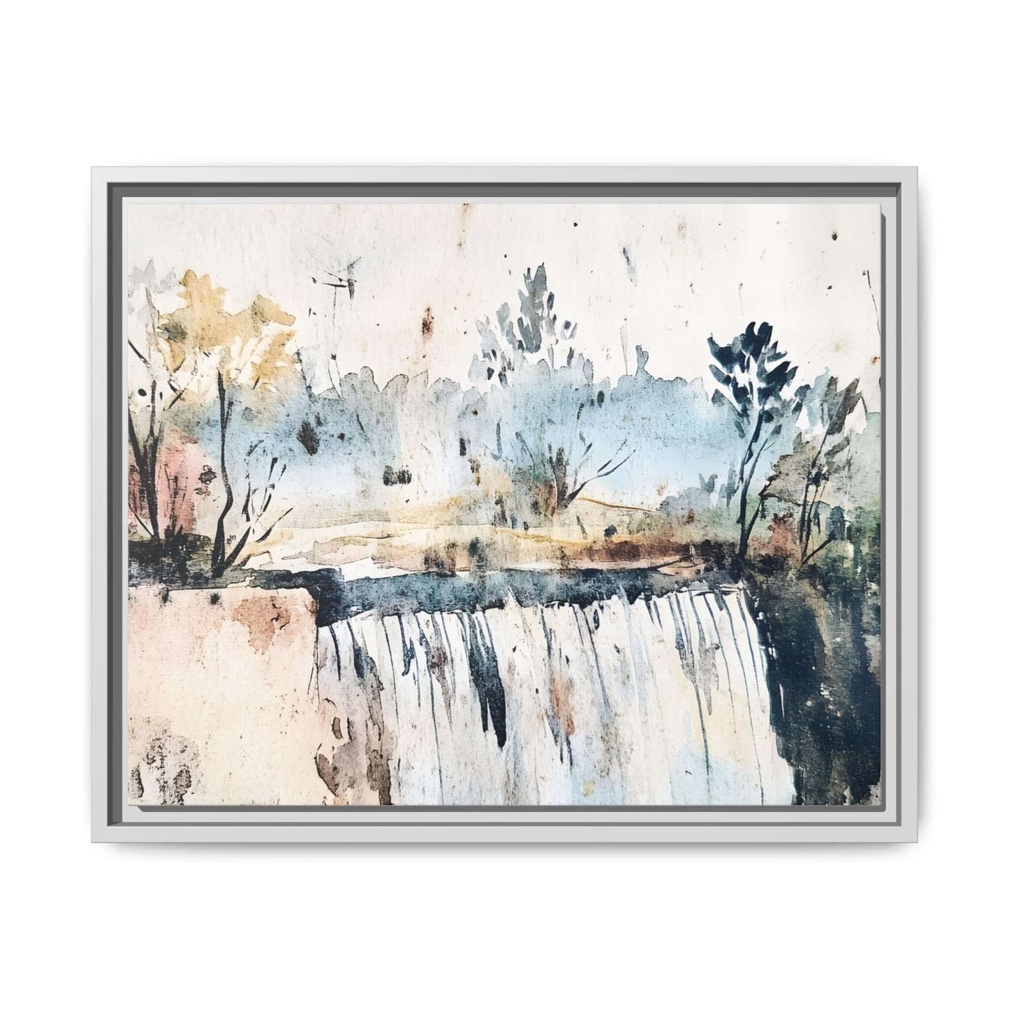 Serene landscape watercolor wall art with a framed waterfall scene, featuring trees and soft pastel colors.