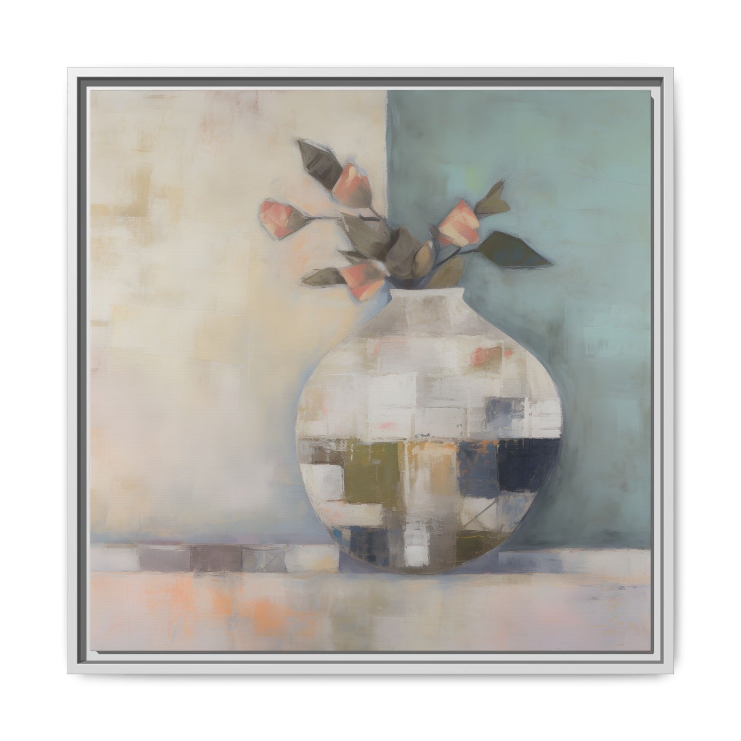 Geometric Floral Still Life Wall Art – Framed Abstract Canvas with Vase and Blush Pink Buds