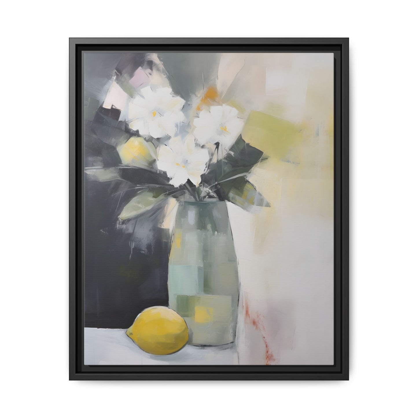 Modern Floral Still Life Wall Art – Framed Canvas with White Flowers and Lemon in Soft Green Vase, tranquil home decor