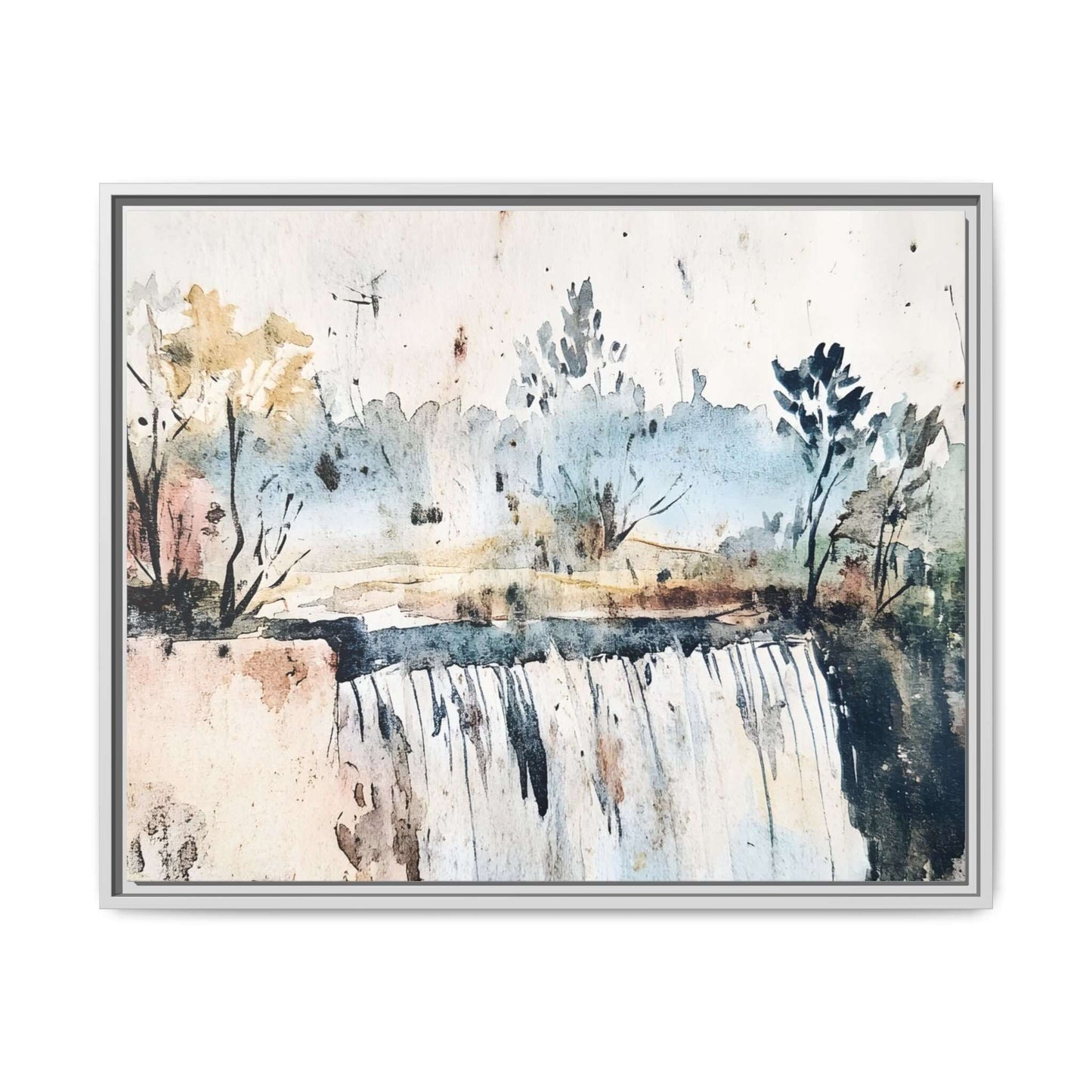 Framed watercolor wall art featuring a serene landscape with trees and a waterfall, perfect for home decor.