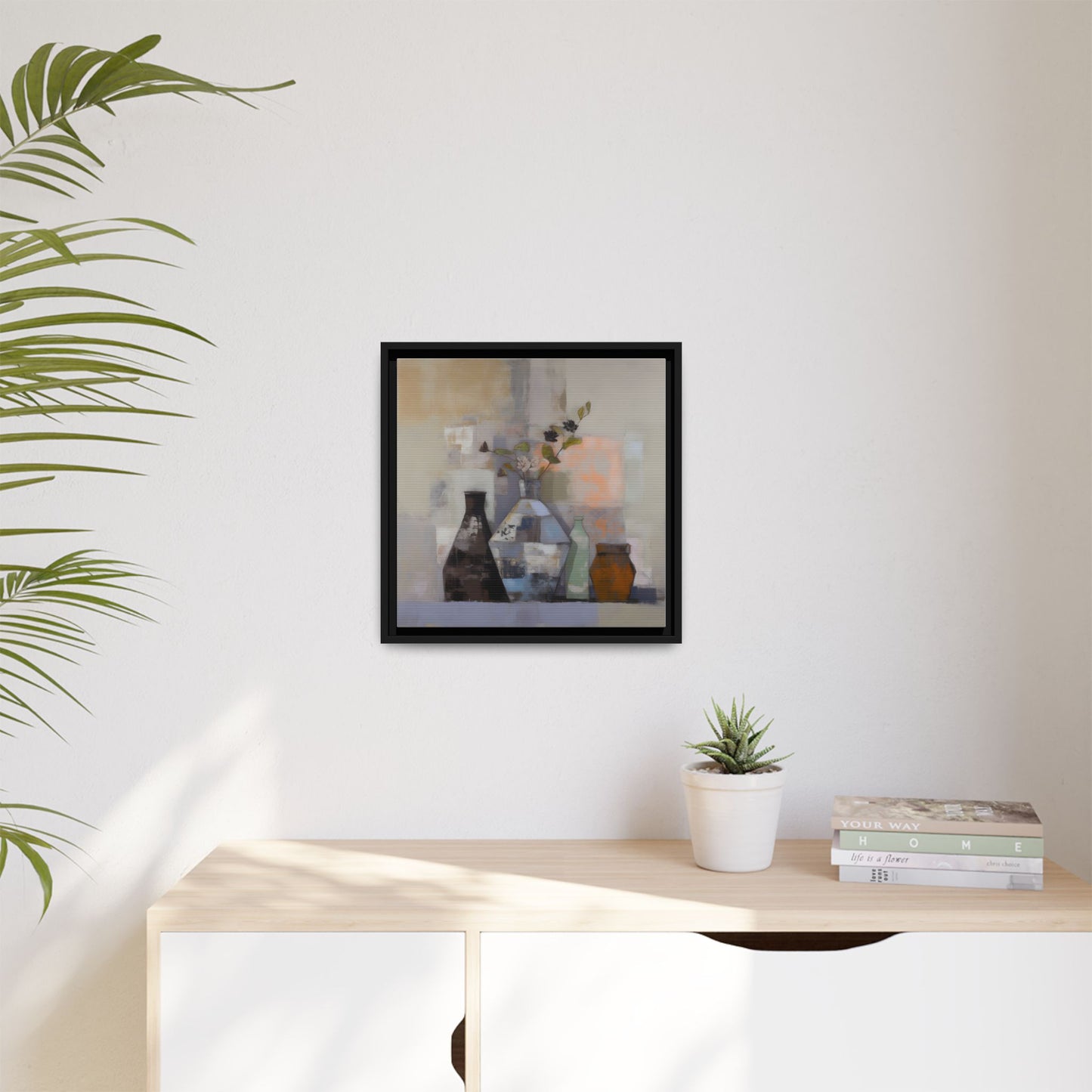 Earthy Bottle Still Life Wall Art – Framed Abstract Canvas with Geometric Vases in Neutral Tones hanging in a minimalist room.