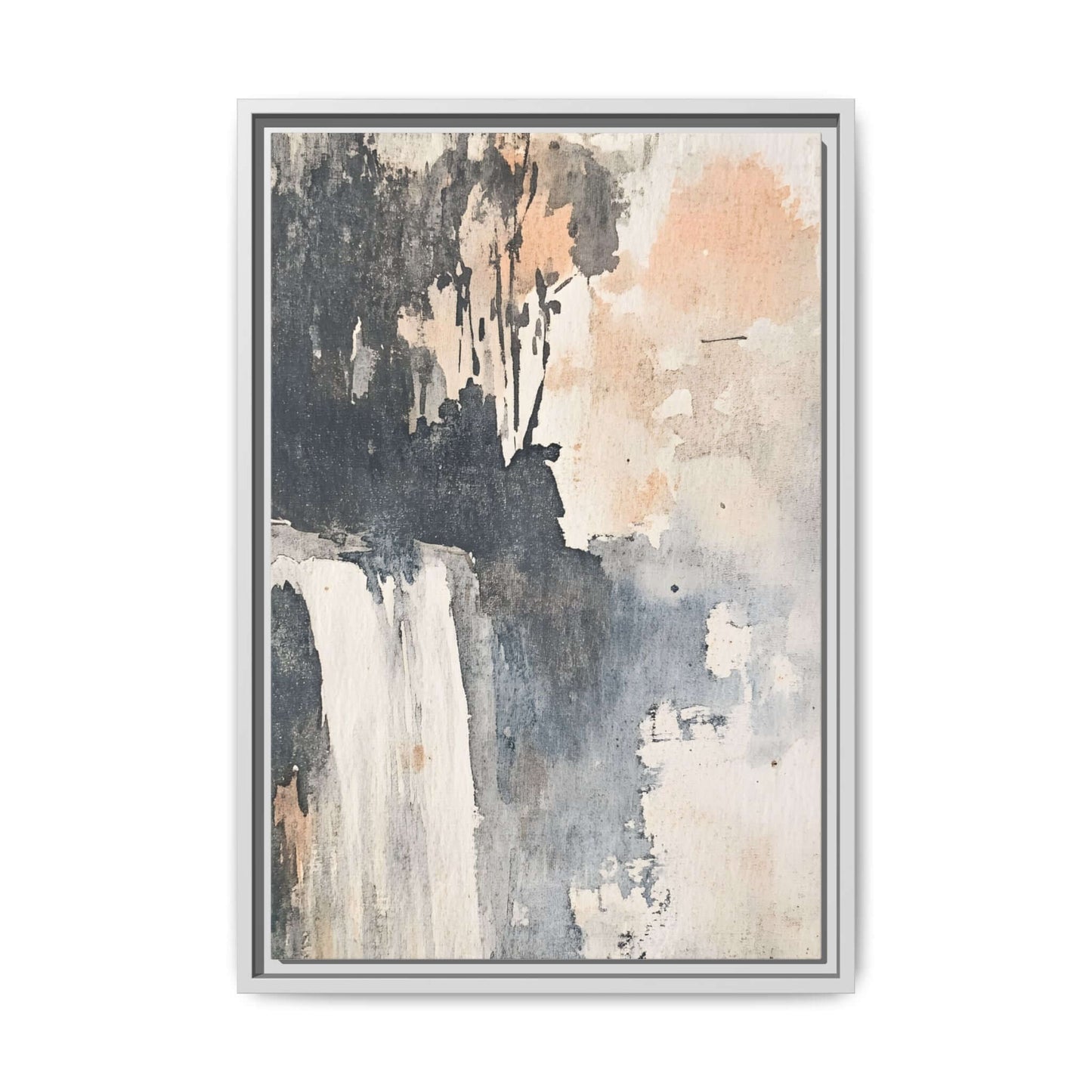 Framed watercolor waterfall art print, matte canvas home decor in shades of gray and orange, vertical orientation
