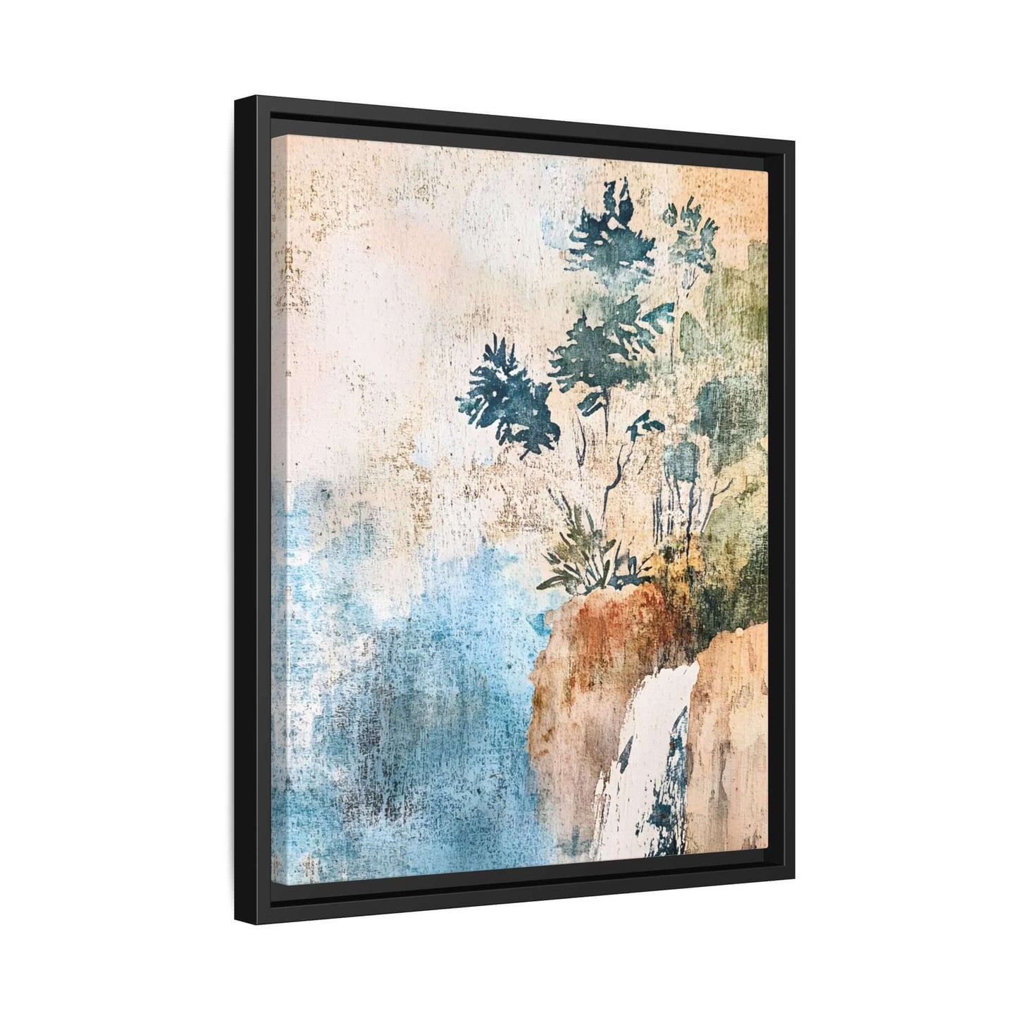 Misty forest landscape watercolor canvas print in black frame, perfect for serene home decor and art lovers seeking nature-inspired elegance.