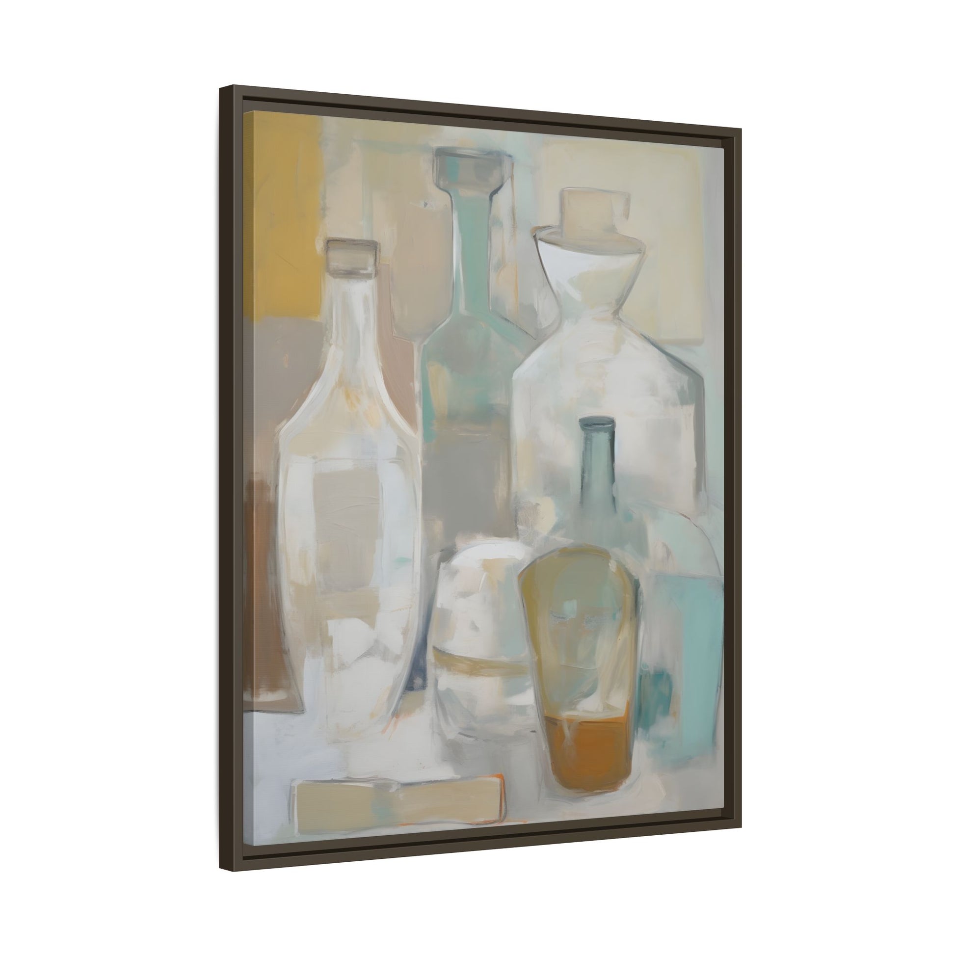Modern Still Life Wall Art – Neutral Bottles Framed Canvas in Beige, Aqua & Amber featuring translucent bottles in soothing colors.