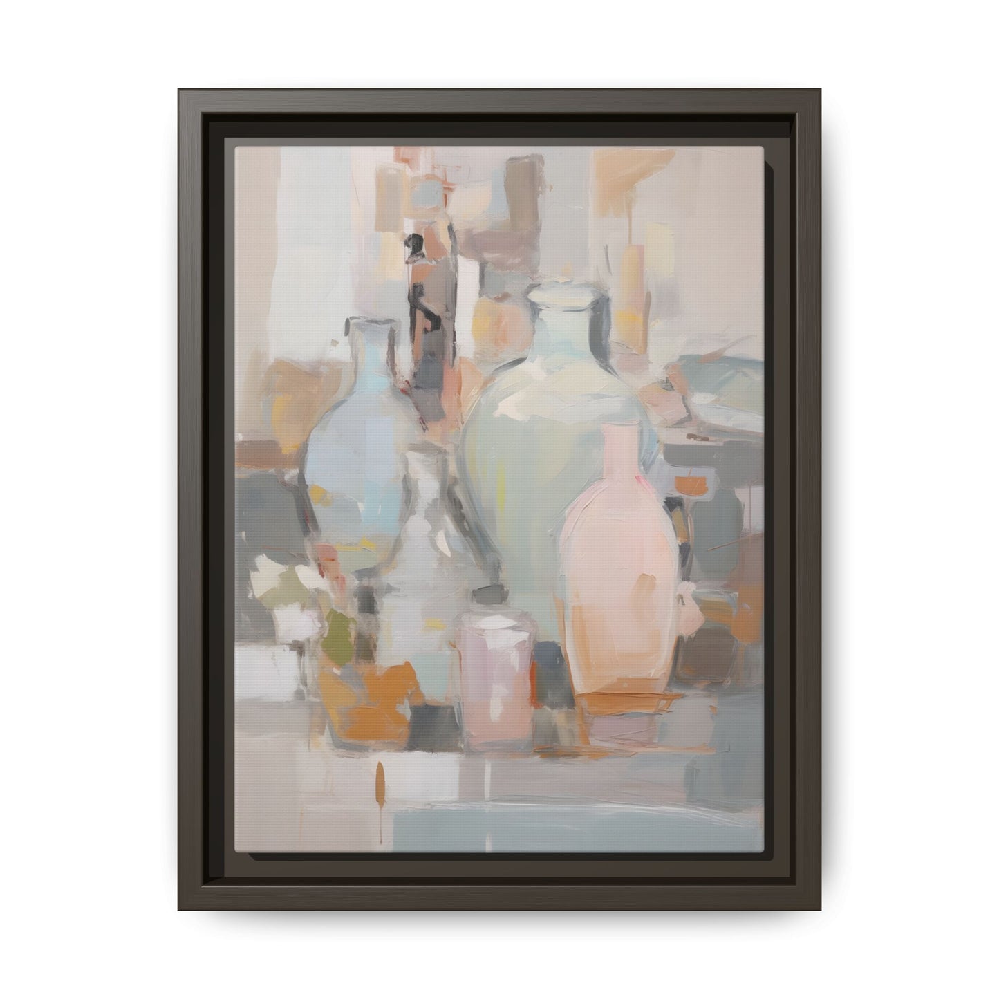 Modern Abstract Still Life Wall Art – Colorful Framed Canvas with Blue, Pink & Terracotta Bottles, ideal for interior decor.