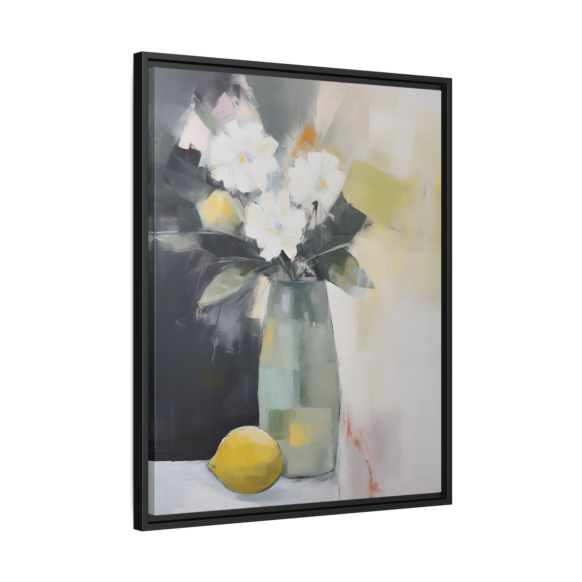 Modern Floral Still Life Wall Art – Framed Canvas with White Flowers and Lemon in Soft Green Vase, artistic home decor piece
