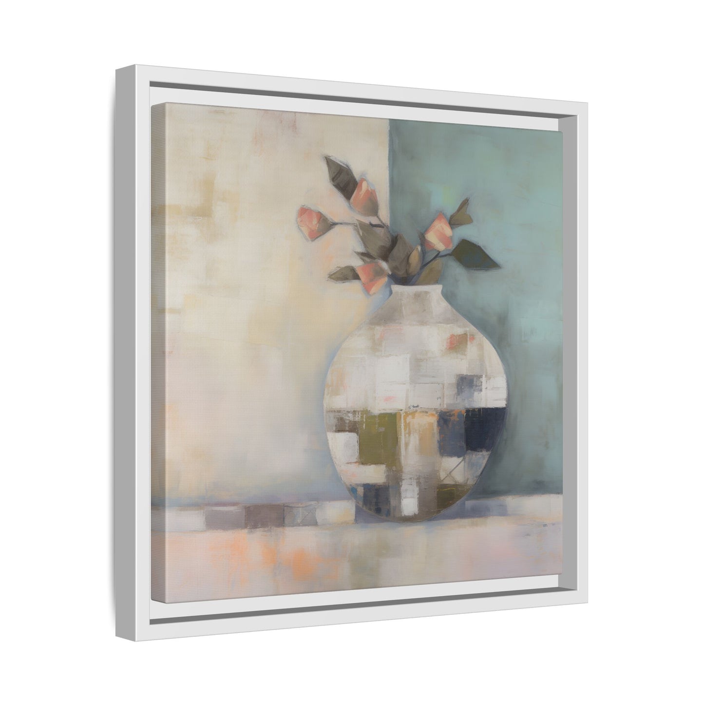 Geometric Floral Still Life Wall Art – Framed Abstract Canvas with Vase and Blush Pink Buds featuring geometric textures and soft colors.