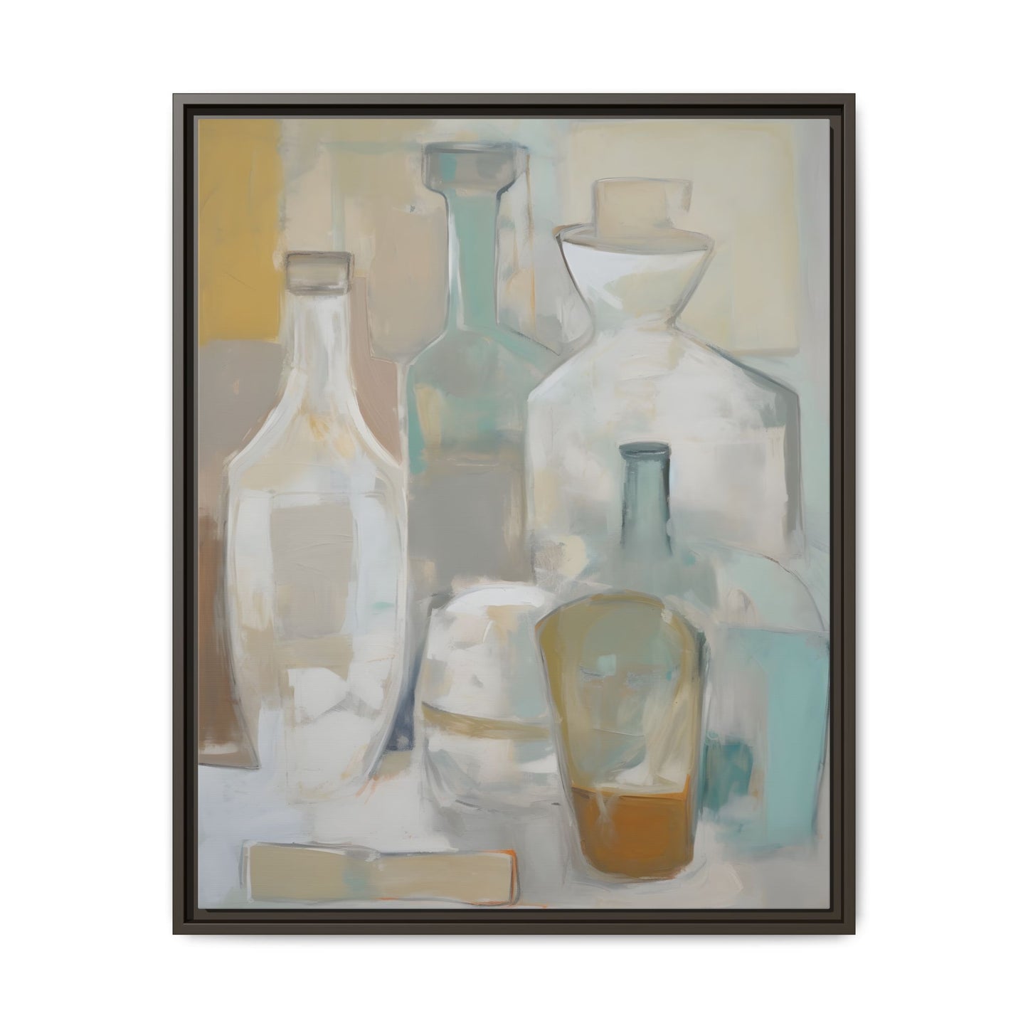 Modern Still Life Wall Art – Neutral Bottles Framed Canvas in Beige, Aqua & Amber, featuring translucent bottles for minimalist decor.