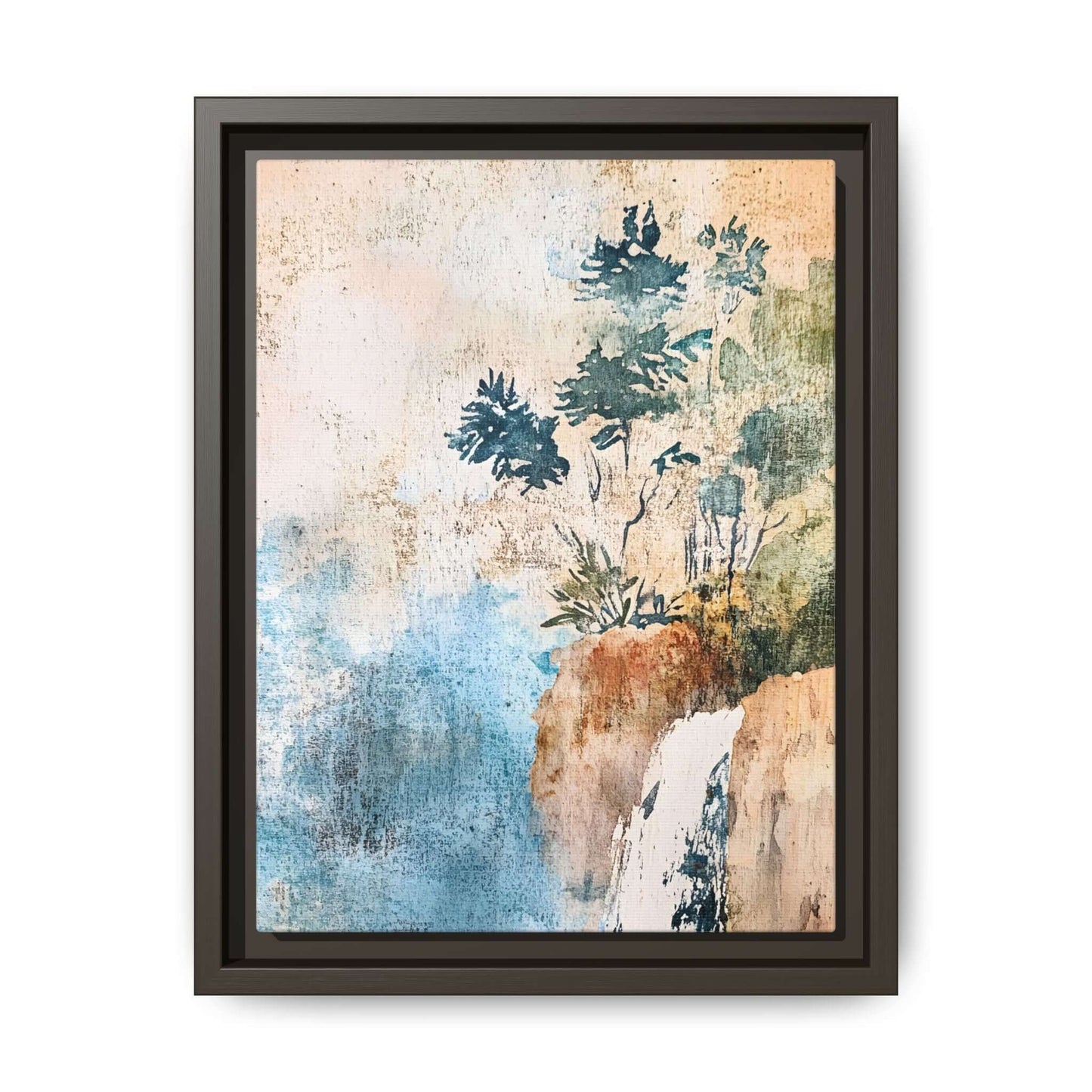 Framed watercolor canvas print of a serene misty forest landscape, perfect for adding elegance and a calming atmosphere to any room.
