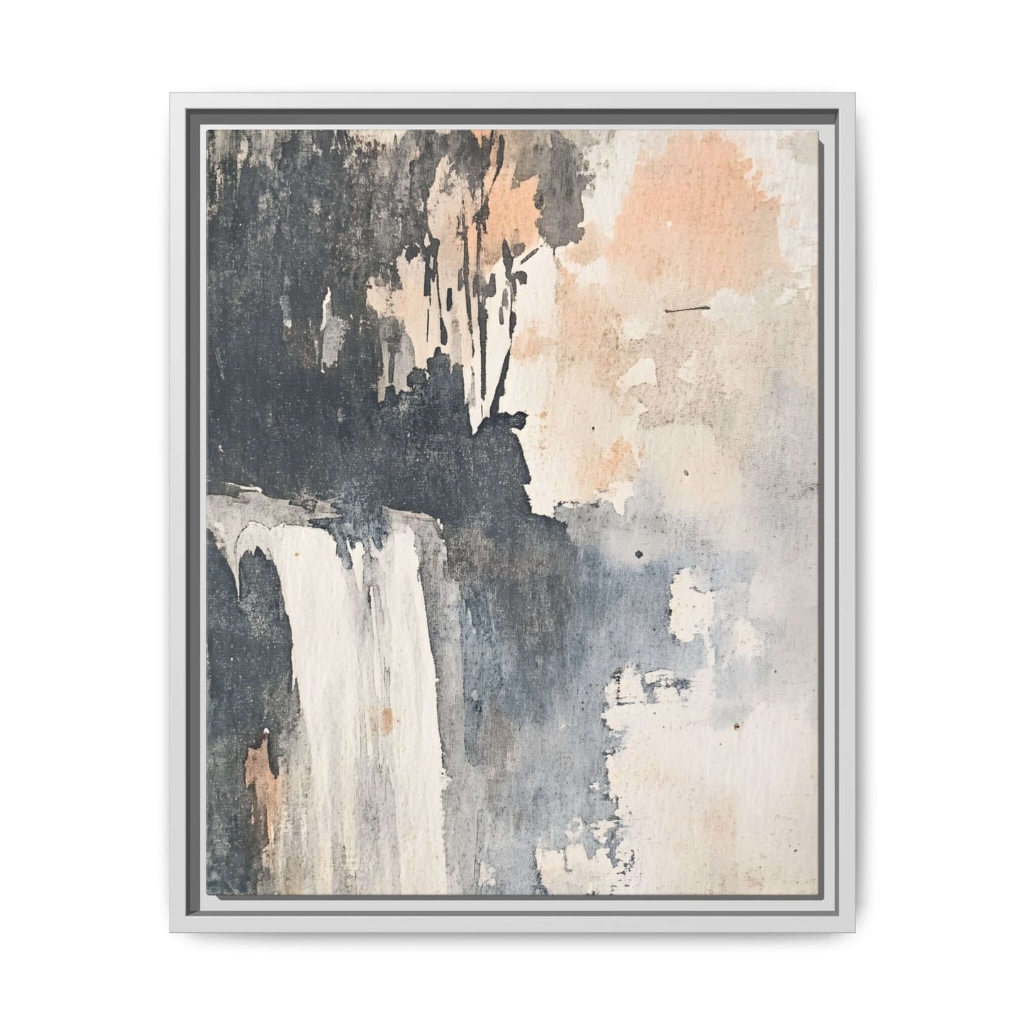 Framed matte canvas print featuring abstract waterfall painting, perfect for home decor in various sizes, vertical orientation.