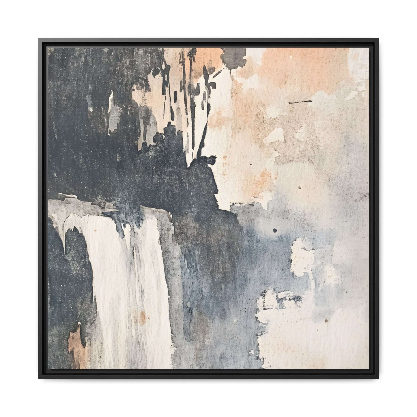 Framed watercolor-style waterfall art print, matte canvas home decor, square format with earthy tones.