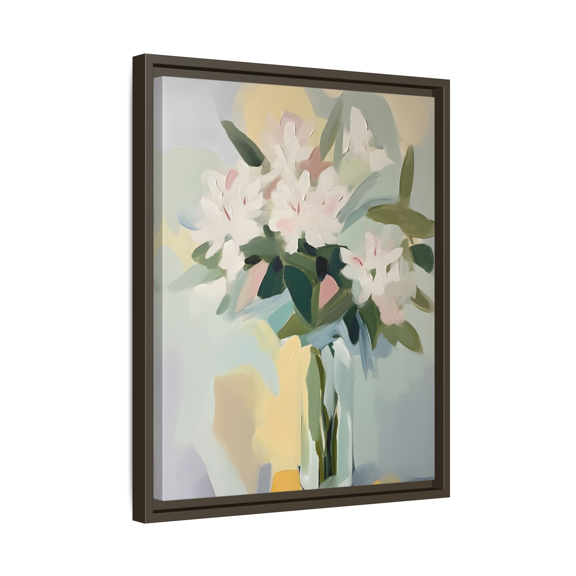 Soft Abstract Floral Wall Art – Framed Modern Canvas with White Flowers in Green Vase, elegant home decor painting