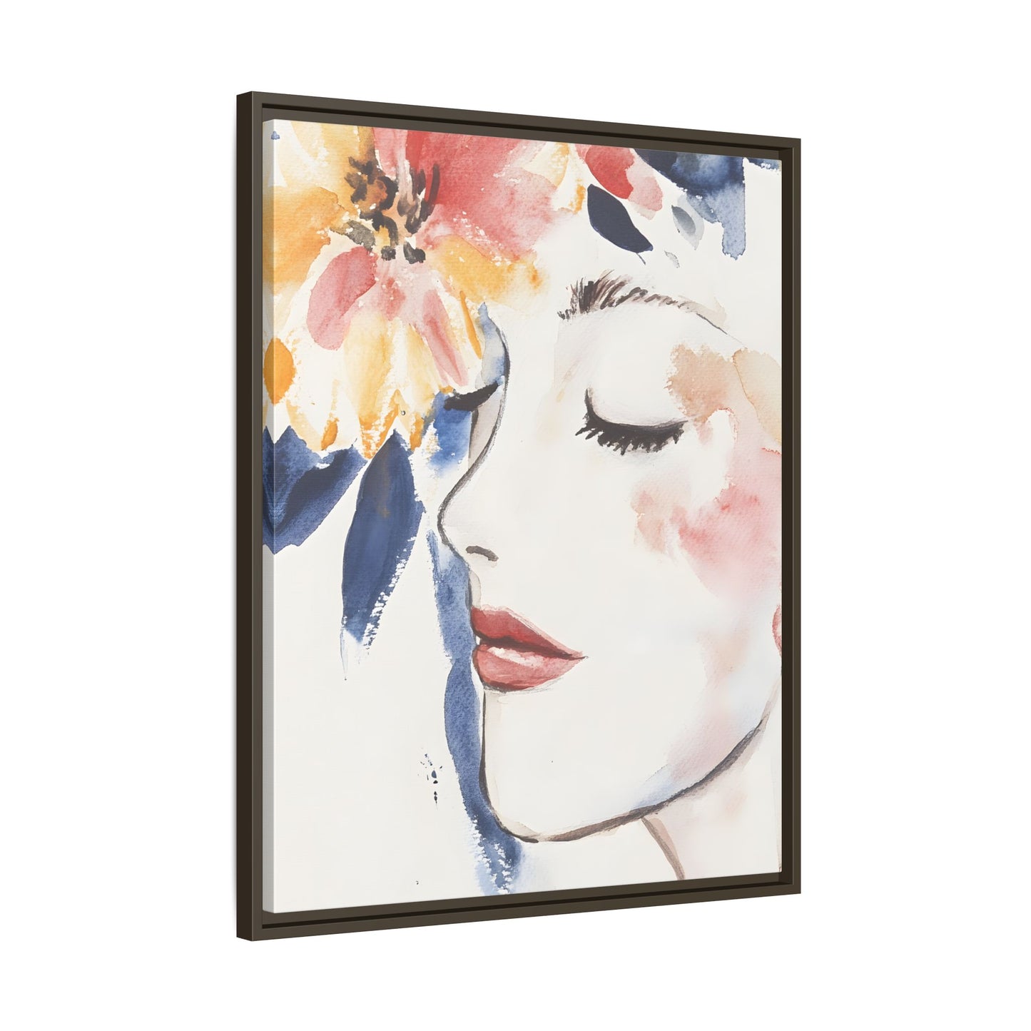 Multi-Color Framed Matte Canvas Art - Floral Face Portrait in vibrant watercolor with a black frame, 9" x 12" vertical artwork