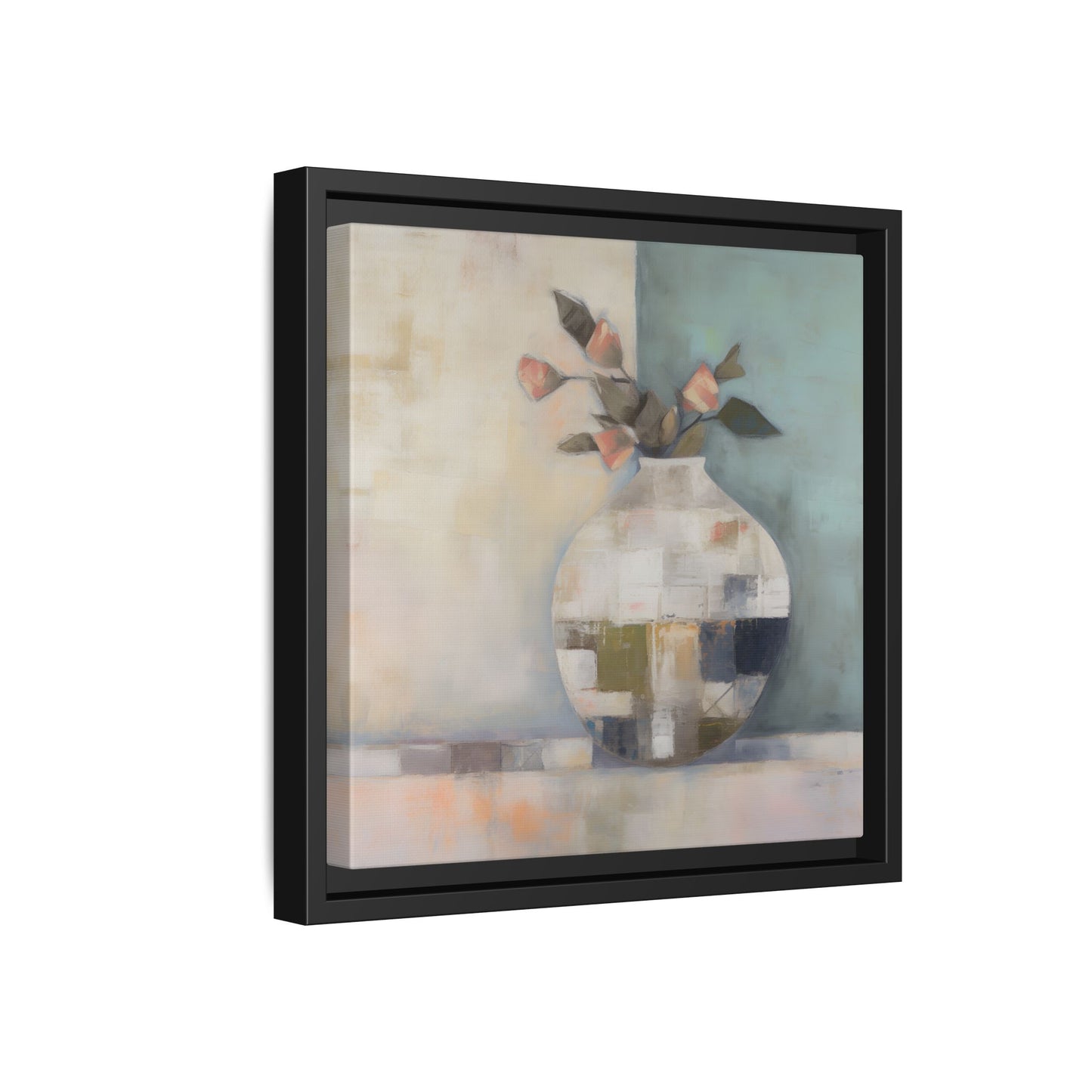 Geometric Floral Still Life Wall Art – Framed Abstract Canvas with Vase and Blush Pink Buds, minimalist design in soft tones.
