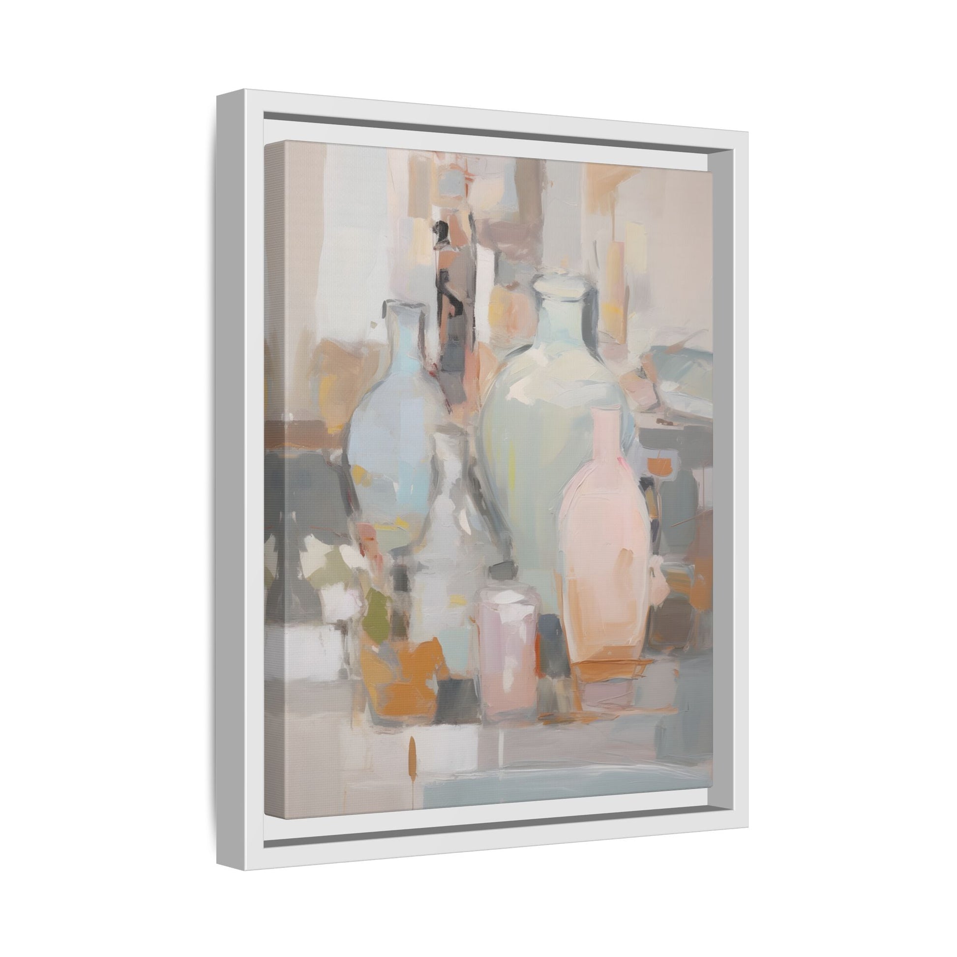 Modern Abstract Still Life Wall Art – Colorful Framed Canvas with Blue, Pink & Terracotta Bottles featuring expressive bottle shapes.
