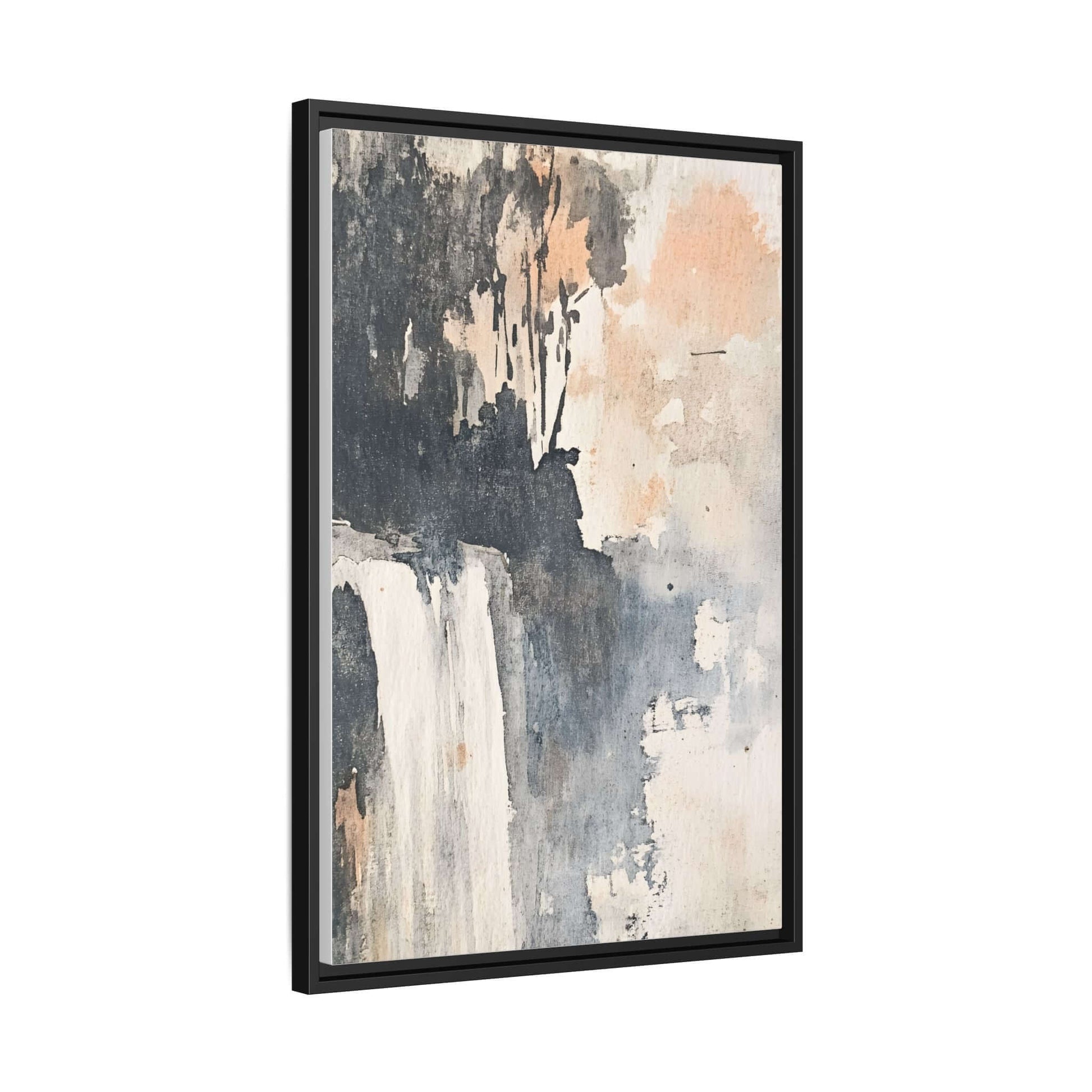 Framed Waterfall Art Print on Matte Canvas, Vertical Home Decor, Neutral Colors, 9 x 12 to 36 x 36 Inches.