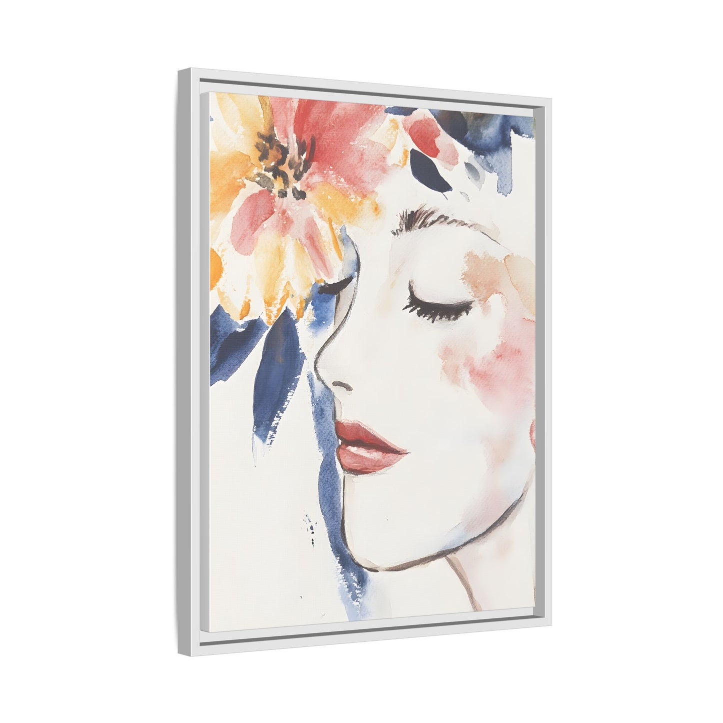 Multi-Color Framed Matte Canvas Art - Floral Face Portrait featuring delicate floral accents and serene portrait design.