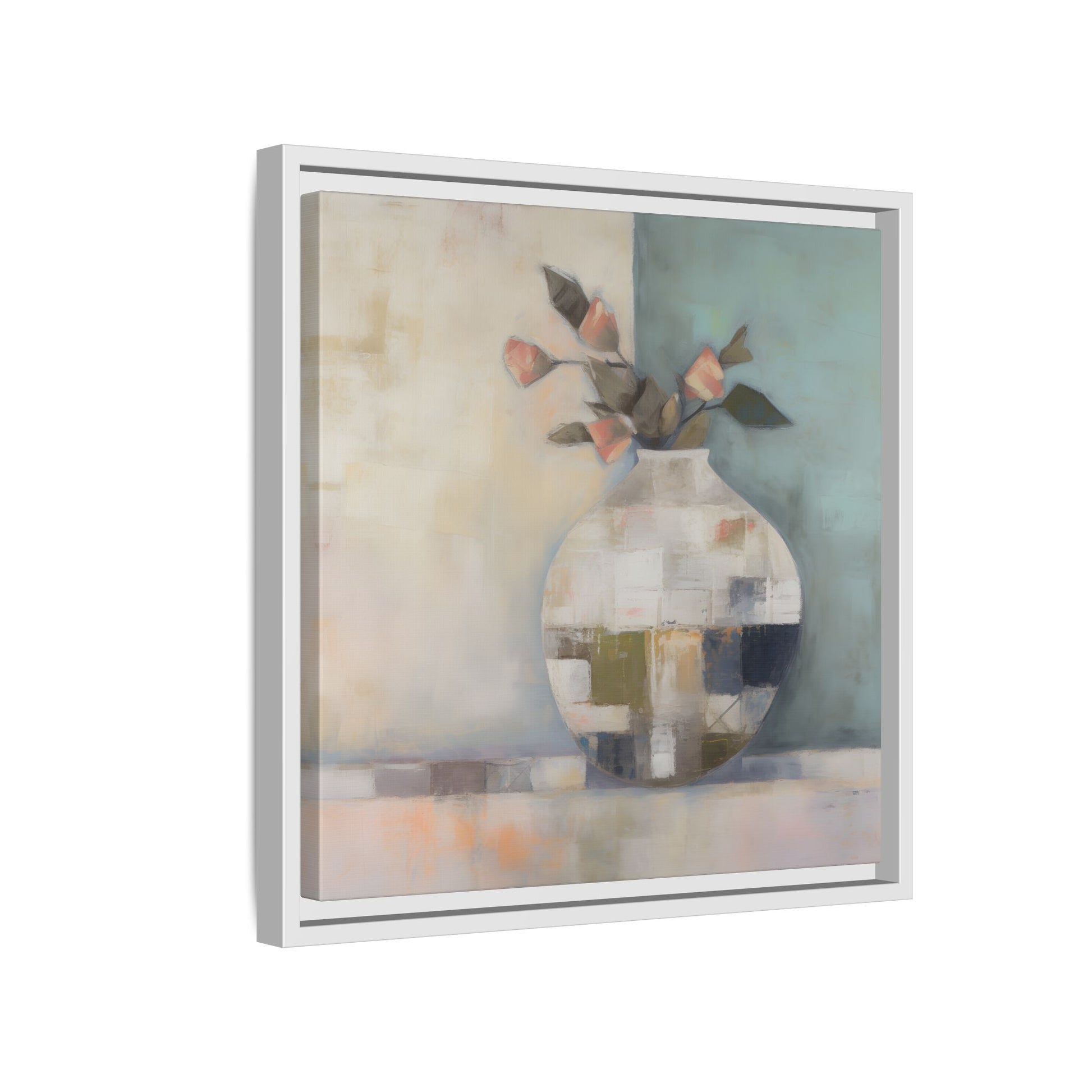 Geometric Floral Still Life Wall Art – Framed Abstract Canvas with Vase and Blush Pink Buds, featuring soft aqua and coral tones