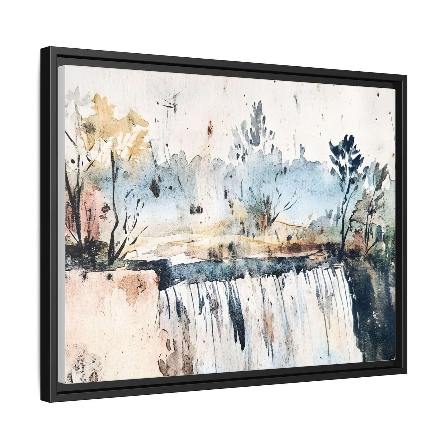 Framed watercolor wall art depicting a serene landscape with trees and waterfall, perfect for home decor. Horizontal orientation.