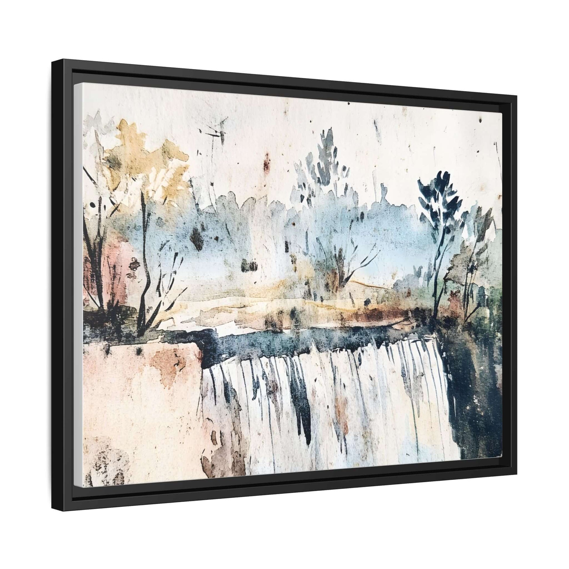 Framed watercolor wall art depicting a serene landscape with trees and waterfall, perfect for home decor. Horizontal orientation.
