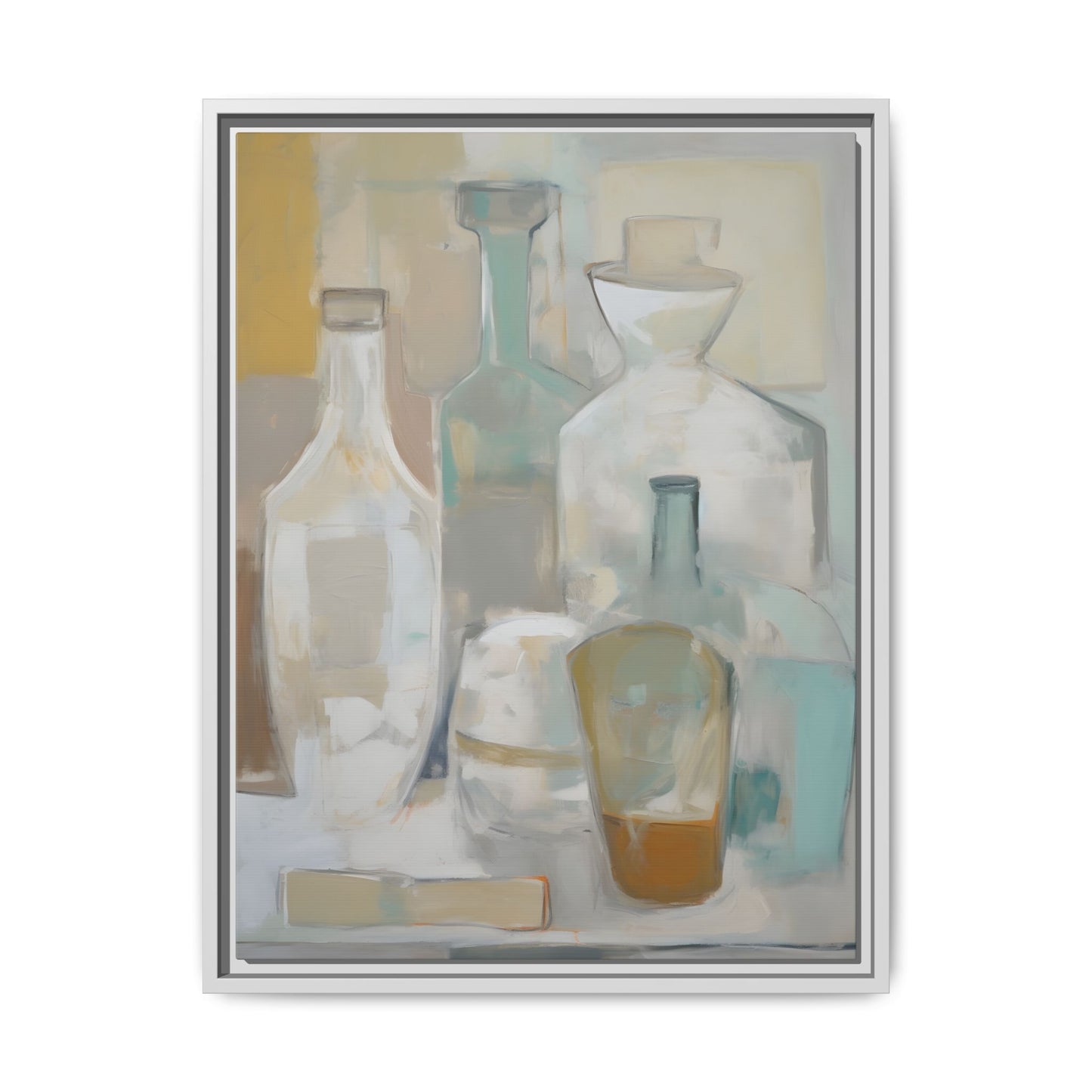 Modern Still Life Wall Art – Neutral Bottles Framed Canvas in Beige, Aqua & Amber