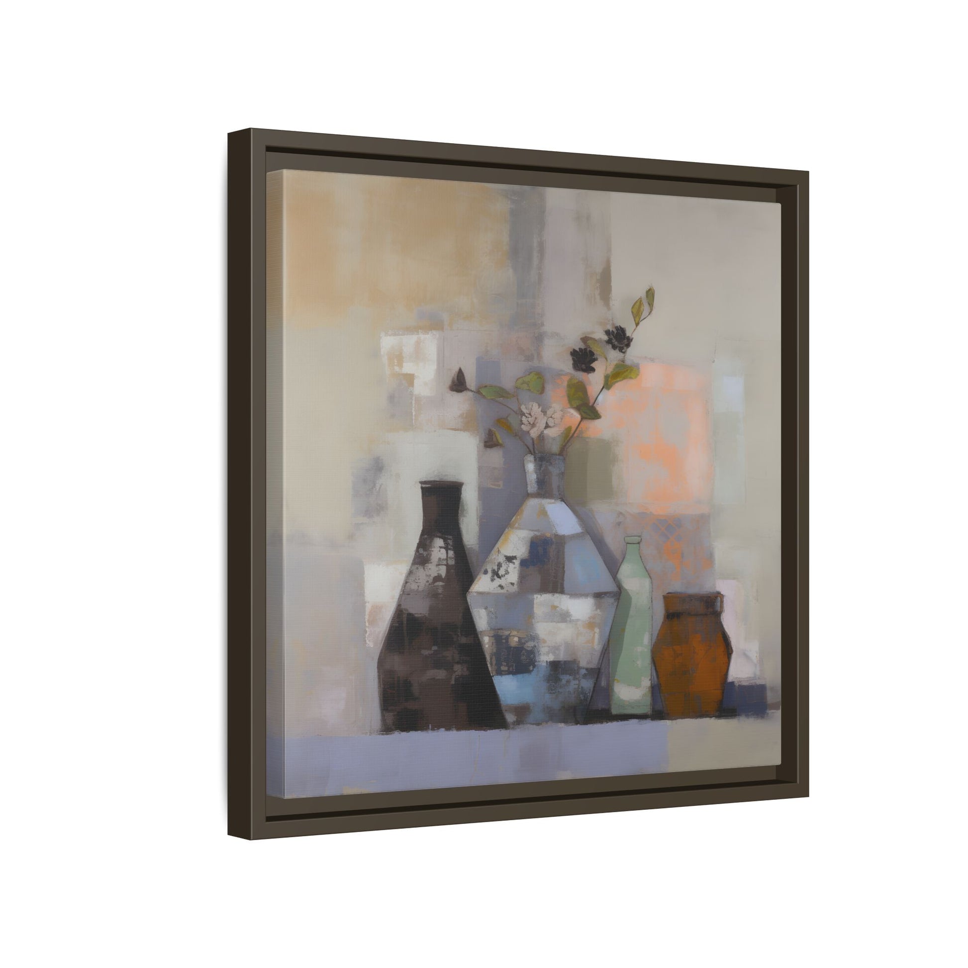 Earthy Bottle Still Life Wall Art – Framed Abstract Canvas with Geometric Vases in Neutral Tones featuring floral sprigs and patchwork brushstrokes