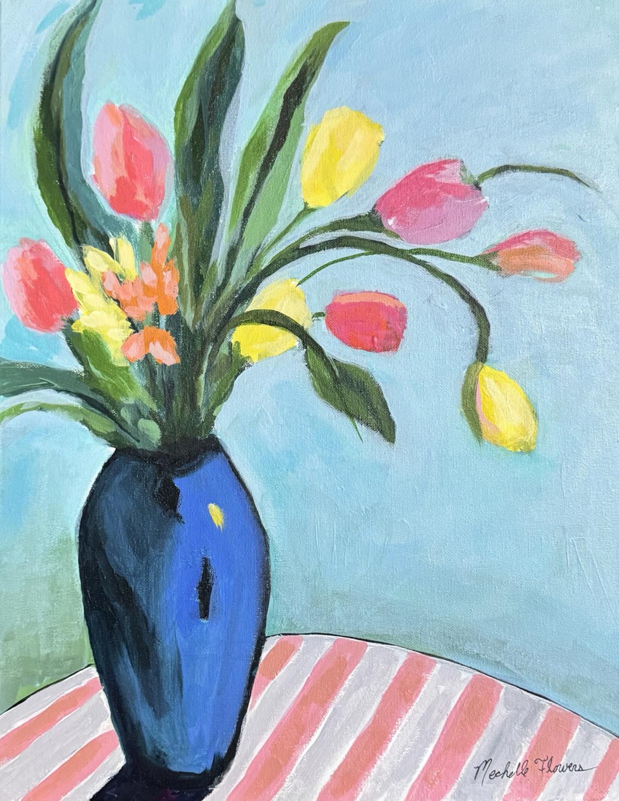 Painting of a blue vase with pink and yellow tulips on a striped surface.