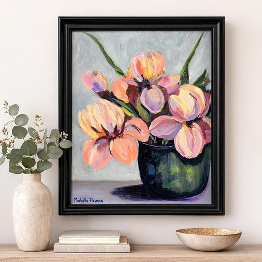 Original floral bouquet painting with roses and yellow flowers in a glass vase, acrylic on canvas, 16x20, framed in a gold floating frame by Mechelle Flowers.