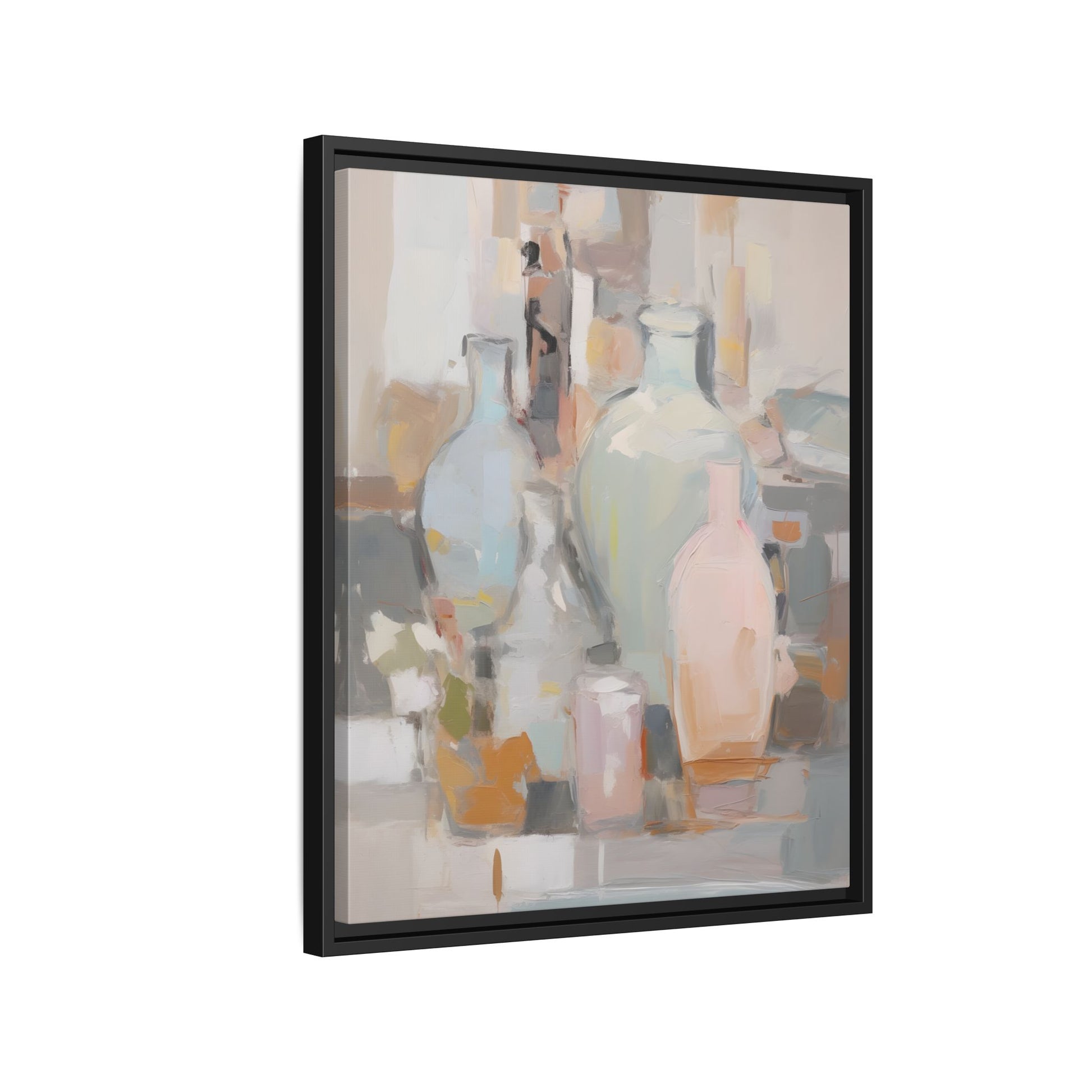 Modern Abstract Still Life Wall Art – Colorful Framed Canvas with Blue, Pink & Terracotta Bottles featuring dynamic bottle composition.