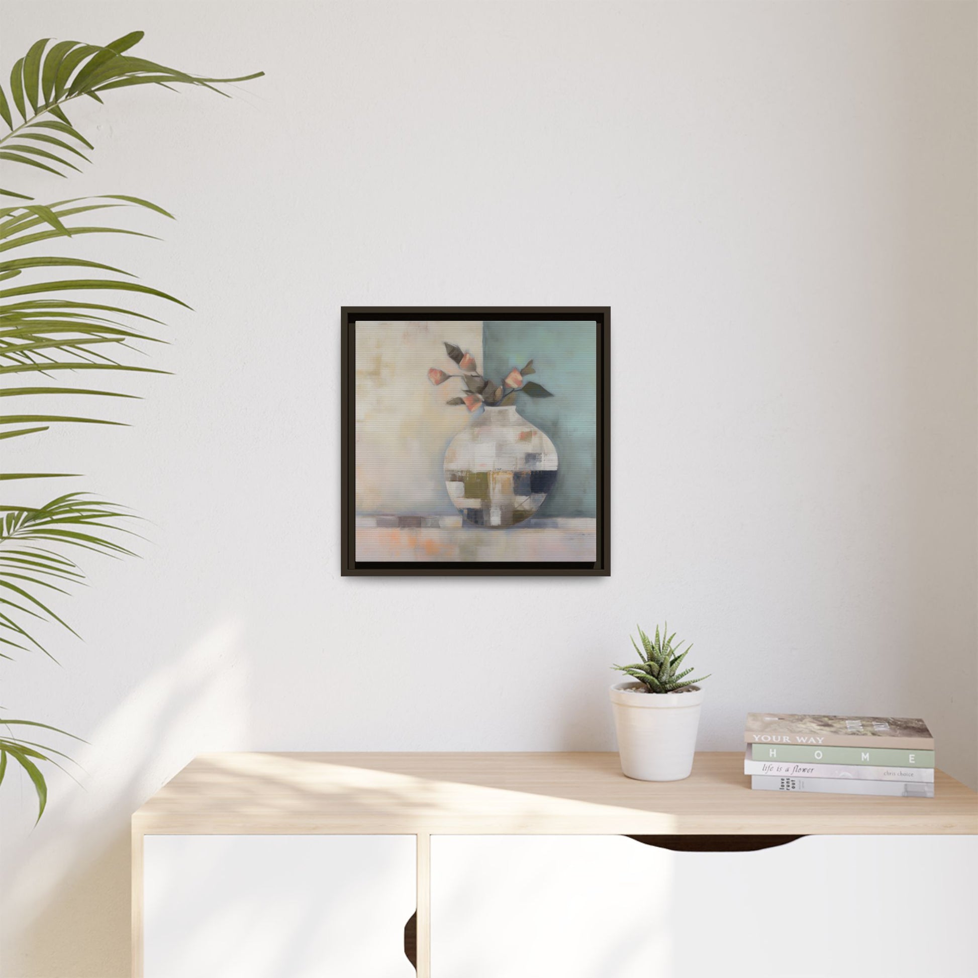 Geometric Floral Still Life Wall Art – Framed Abstract Canvas with Vase and Blush Pink Buds displayed on wall in modern interior.