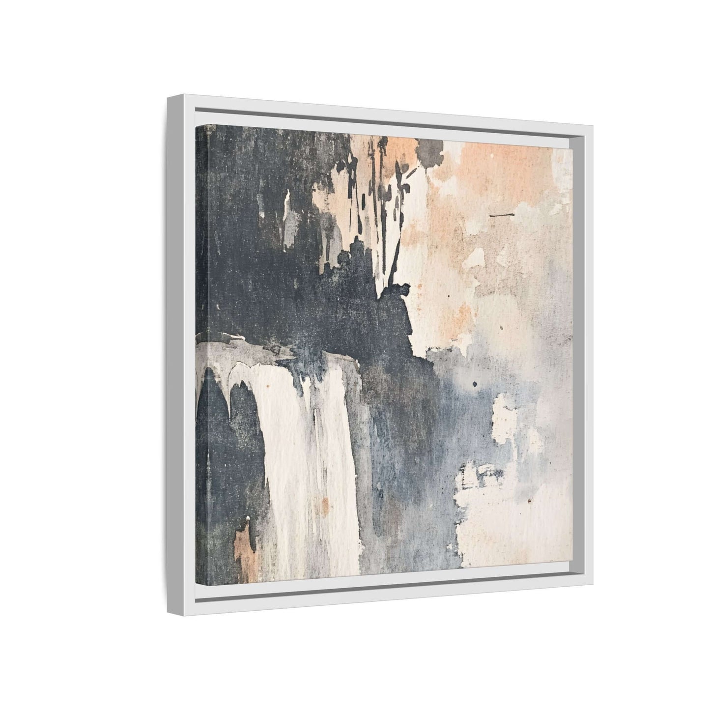 Framed waterfall art print on matte canvas, vertical home decor, featuring abstract fluid design in muted earth tones.