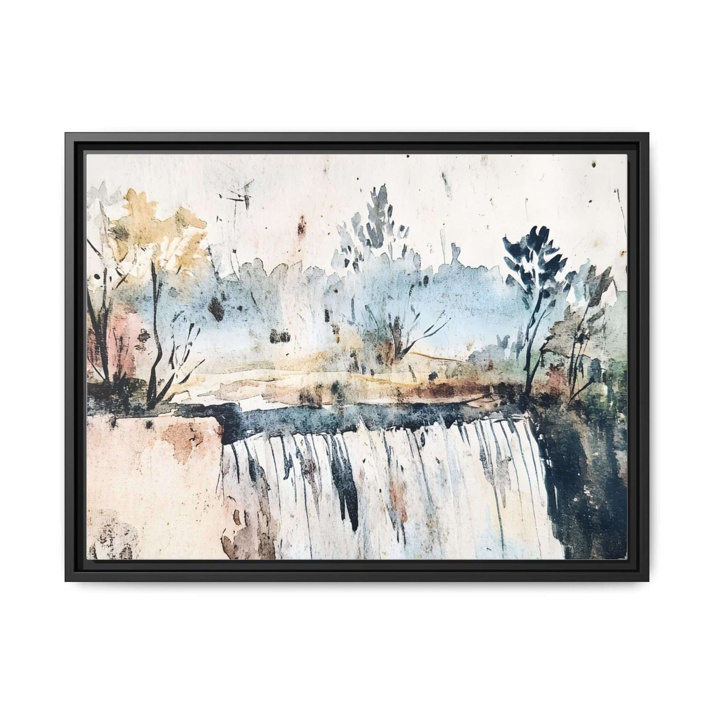 Framed watercolor wall art depicting a serene landscape with trees and waterfalls, ideal for home decor.