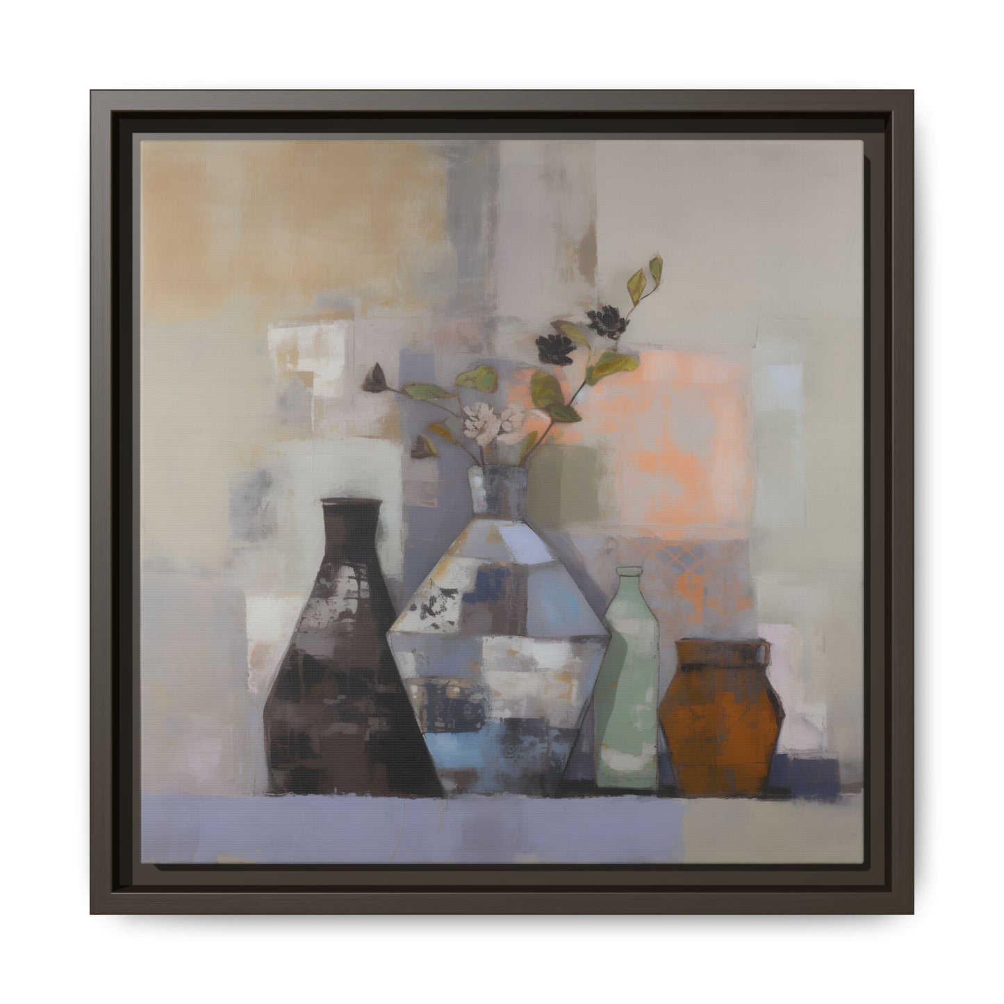 Earthy Bottle Still Life Wall Art – Framed Abstract Canvas with Geometric Vases in Neutral Tones featuring patchwork brushstrokes.